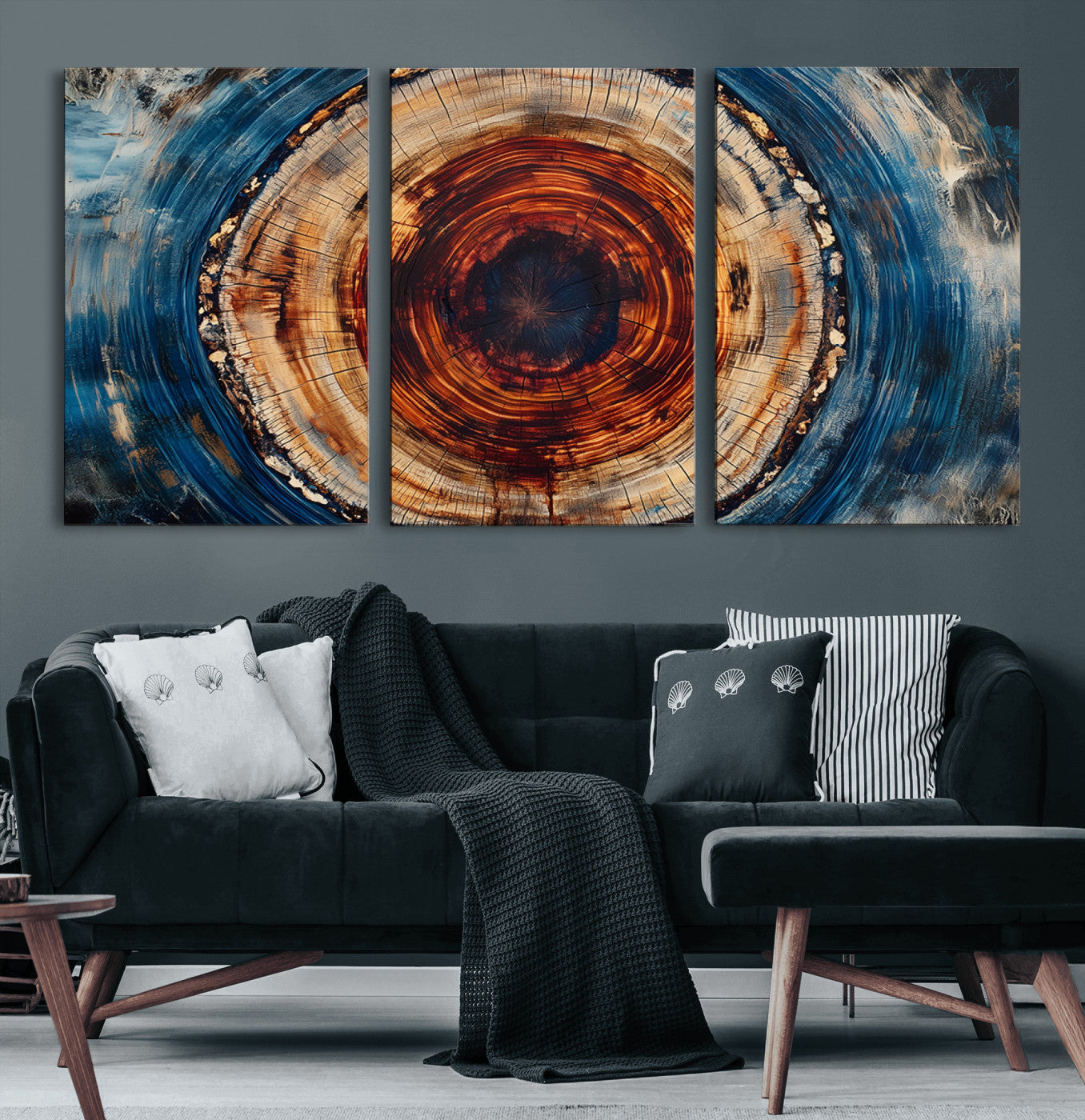 90395-MGV-CV-60X30-3P-Tree Ring Wall Art – Abstract Wood Grain Canvas Print with Fiery Red and Blue Tones, Bold Rustic Nature Inspired Artwork Decor for