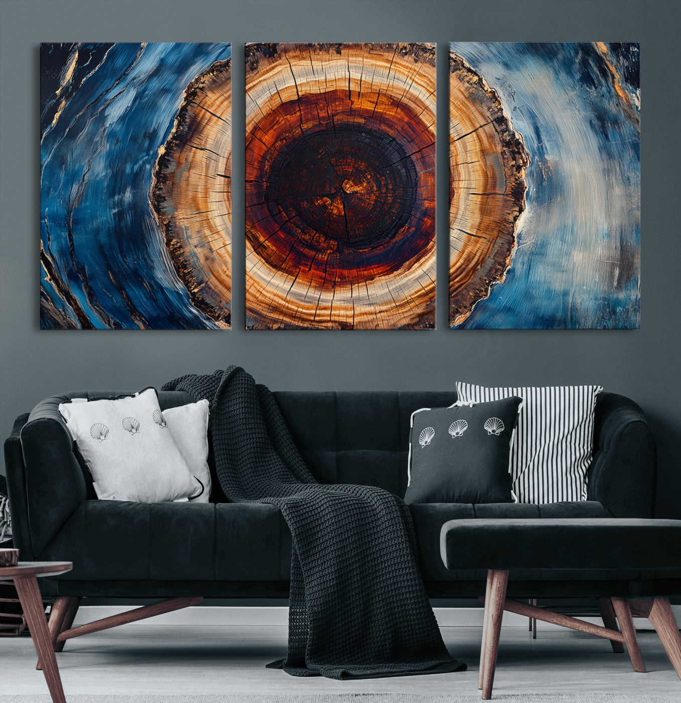 30457-MGV-CV-36X24-Tree Ring Wall Art – Abstract Wood Grain Canvas Print with Brown and Blue Swirl, Rustic Nature Inspired Artwork for Living Room,