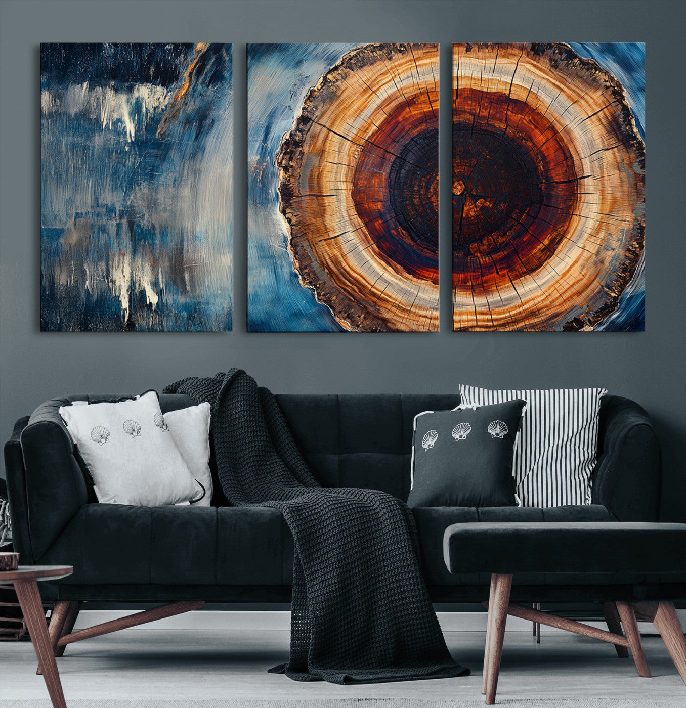 48045-MGV-CV-60X30-3P-Tree Ring Abstract Wall Art – Rustic Wood Grain Canvas Print with Brown Center and Blue Brush Strokes, Nature Inspired Artwork for