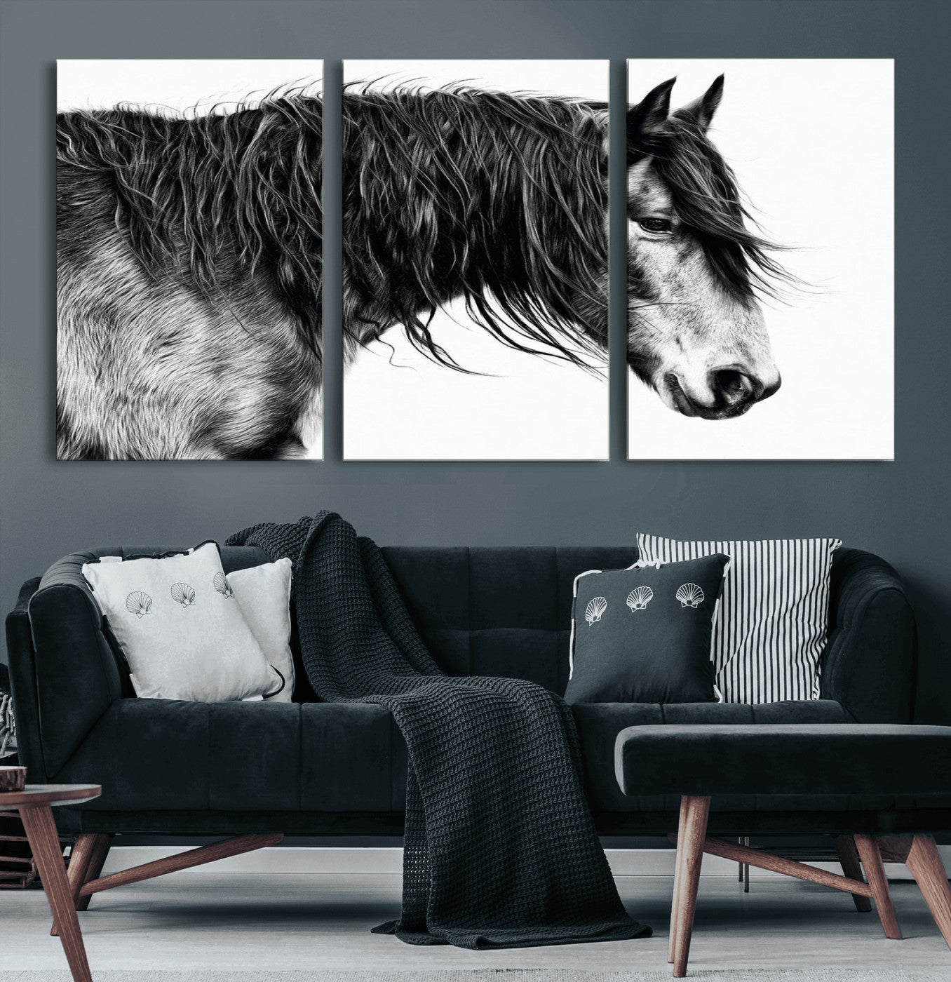 57694-MGV-CV-60X30-3P-Horse Portrait Wall Art – Black and White Canvas Print with Detailed Stallion Profile, Rustic Farmhouse Equestrian Artwork for