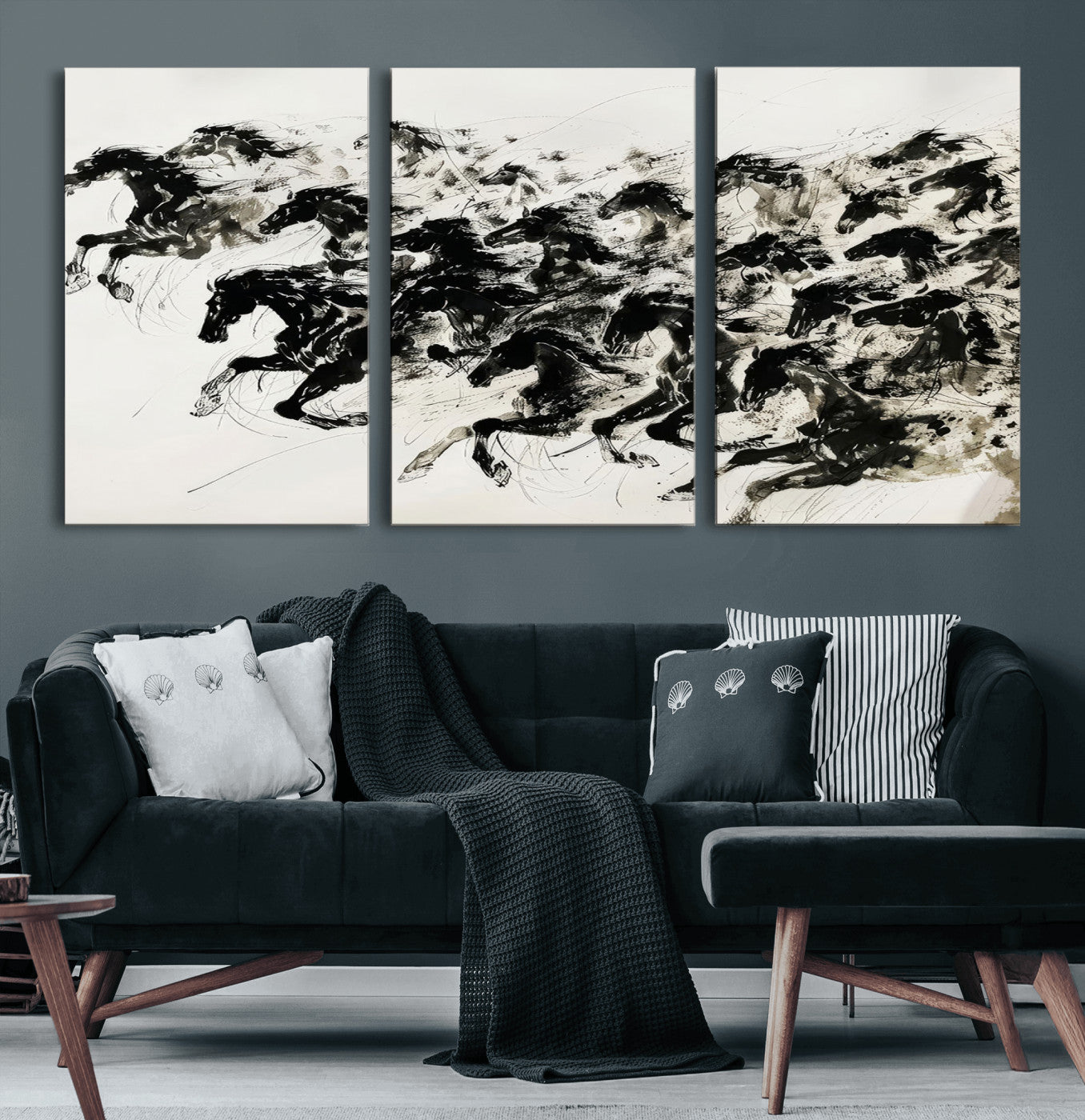 23069-MGV-CV-60X30-3P-Galloping Horses Wall Art – Black Ink Painting on Canvas, Dynamic Equestrian Artwork with Running Stallions, Expressive Modern