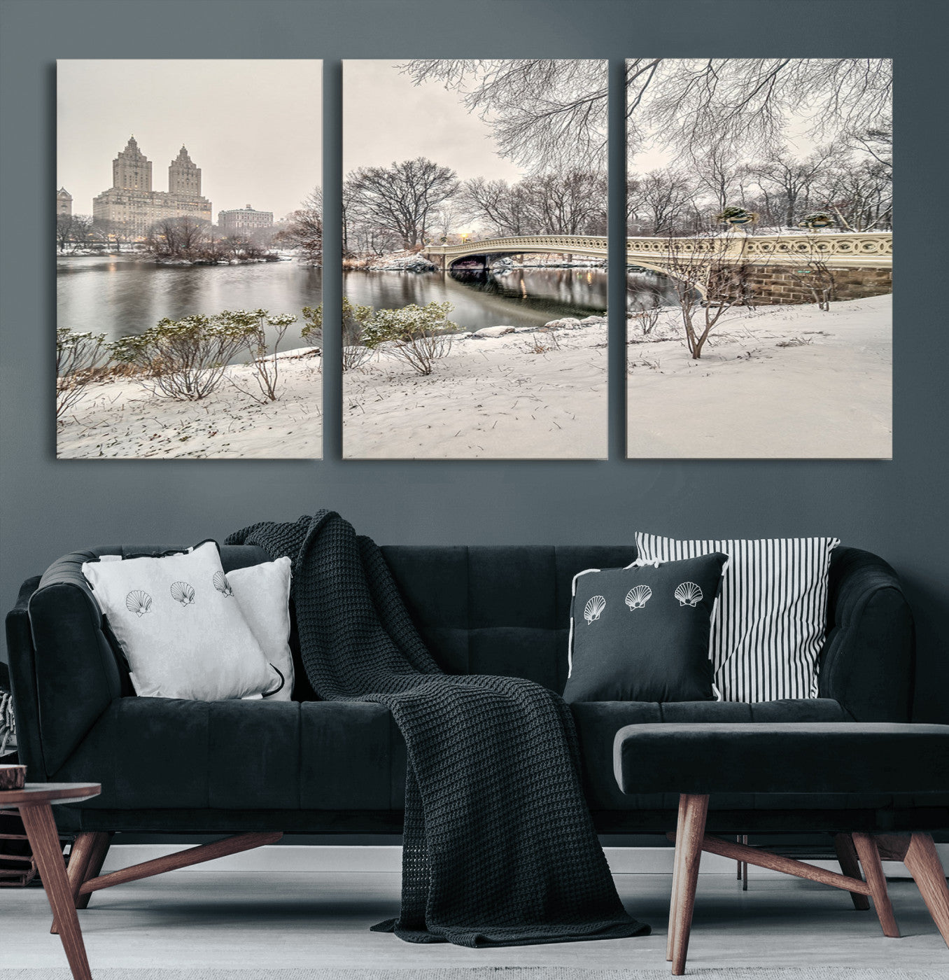 60292-MGV-CV-60X30-3P-Central Park Winter Wall Art – Snowy Bow Bridge Canvas Print, Scenic New York City Landscape Photography for Living Room, Bedroom