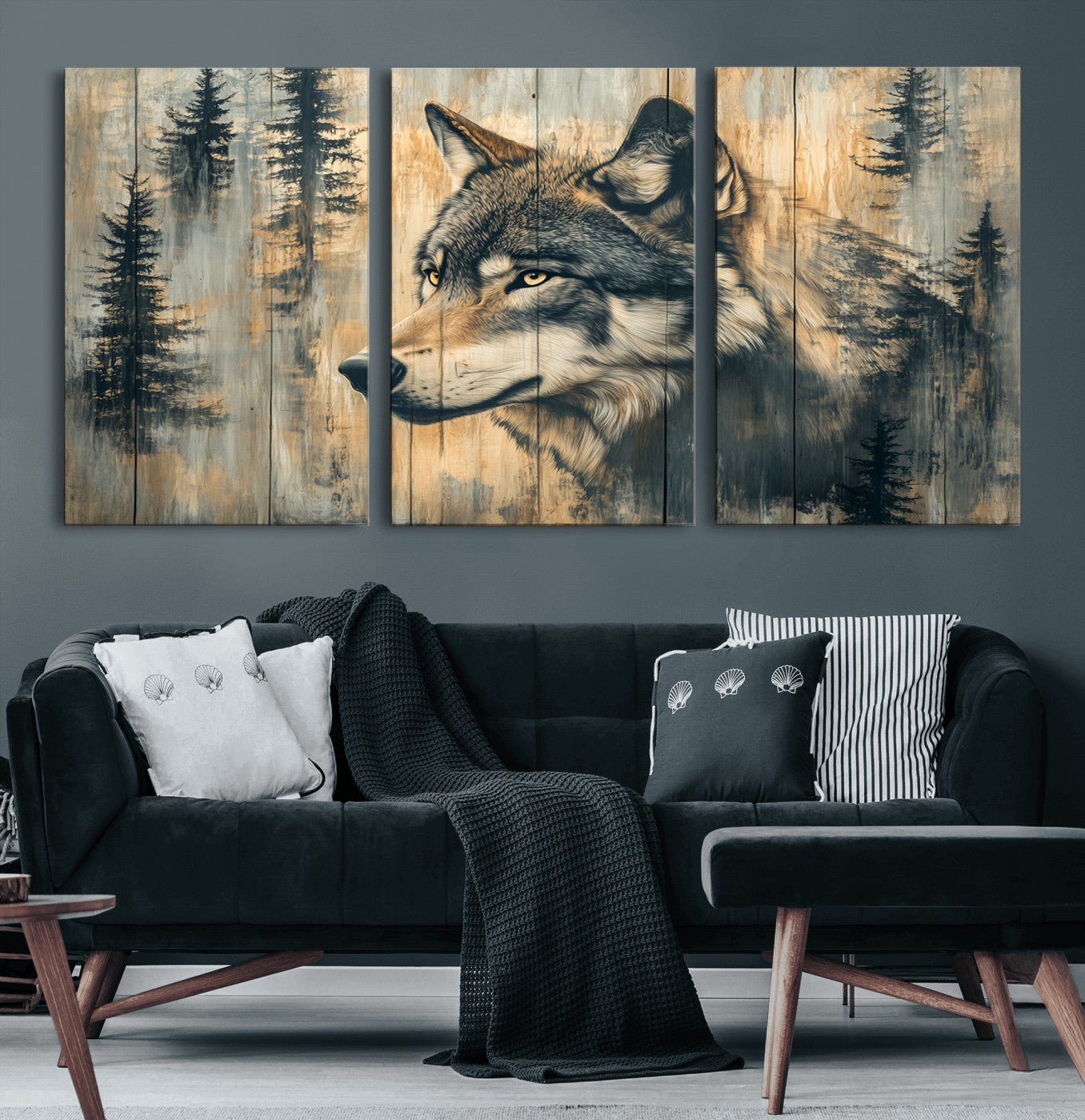 51892-MGV-CV-60X30-3P-Wolf Wall Art – Rustic Canvas Print of Wolf with Forest Trees on Wood Texture, Wildlife Lodge Artwork for Living Room, Bedroom,