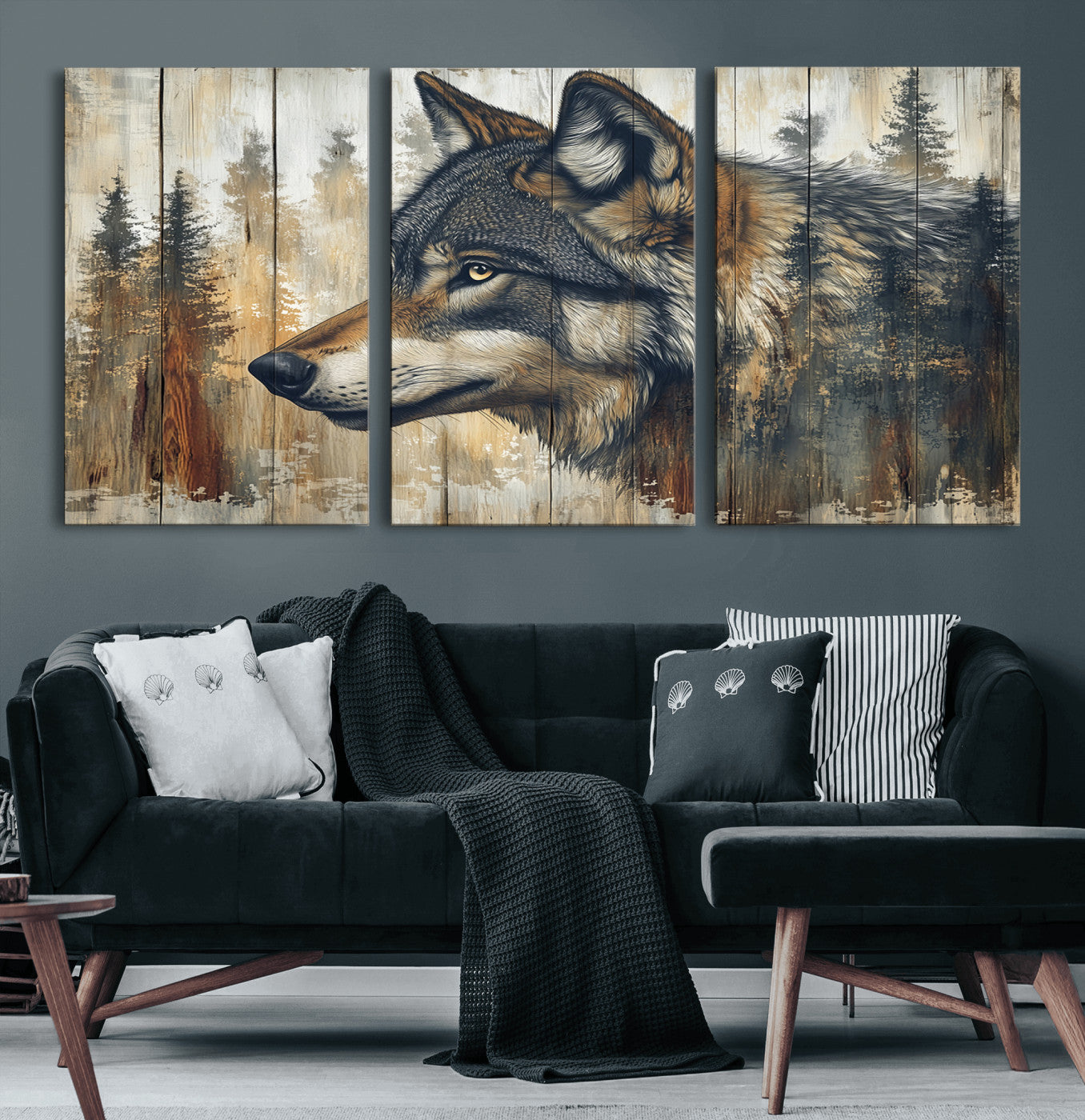 91882-MGV-CV-60X30-3P-Wolf Wall Art – Rustic Canvas Print of Forest Wolf on Wood Background, Wildlife Lodge Artwork for Living Room, Bedroom, Cabin, or