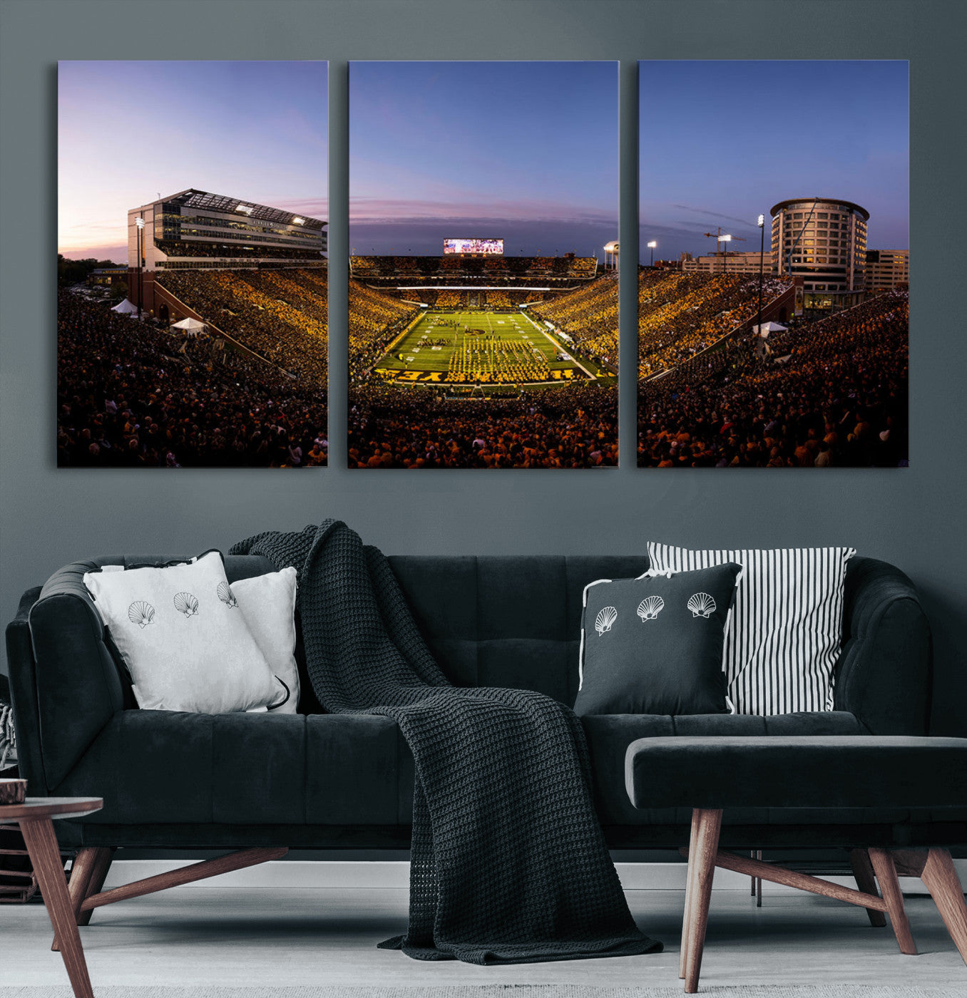 82557-MGV-CV-60X30-3P-College Football Stadium Wall Art – Panoramic Sunset Canvas Print with Marching Band and Game Day Crowd, Sports Artwork for Man