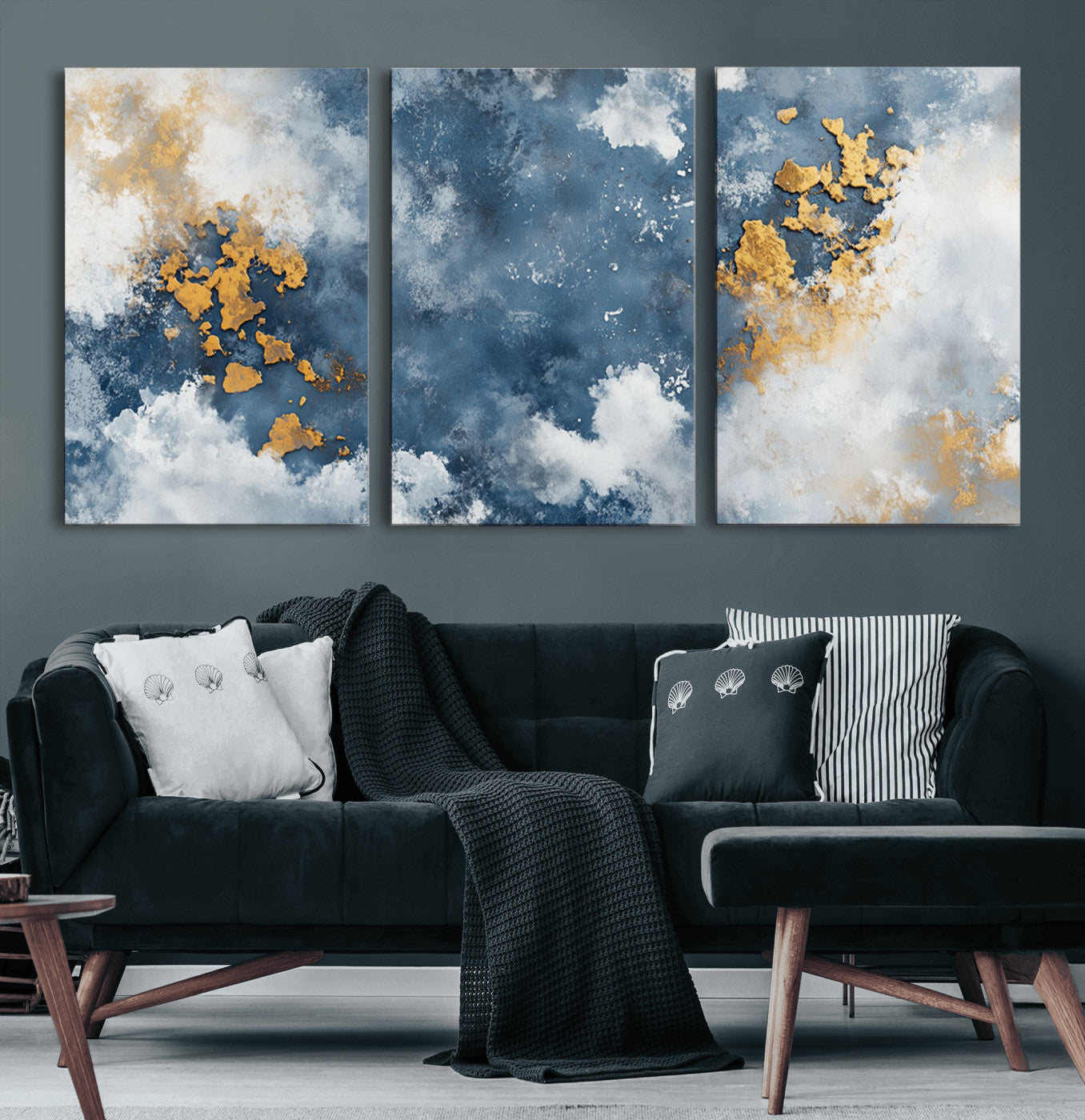 39575-MGV-CV-60X30-3P-Blue and Gold Abstract Wall Art – Modern Canvas Print Featuring Cloudy Textures with Metallic Accents, Contemporary Artwork for