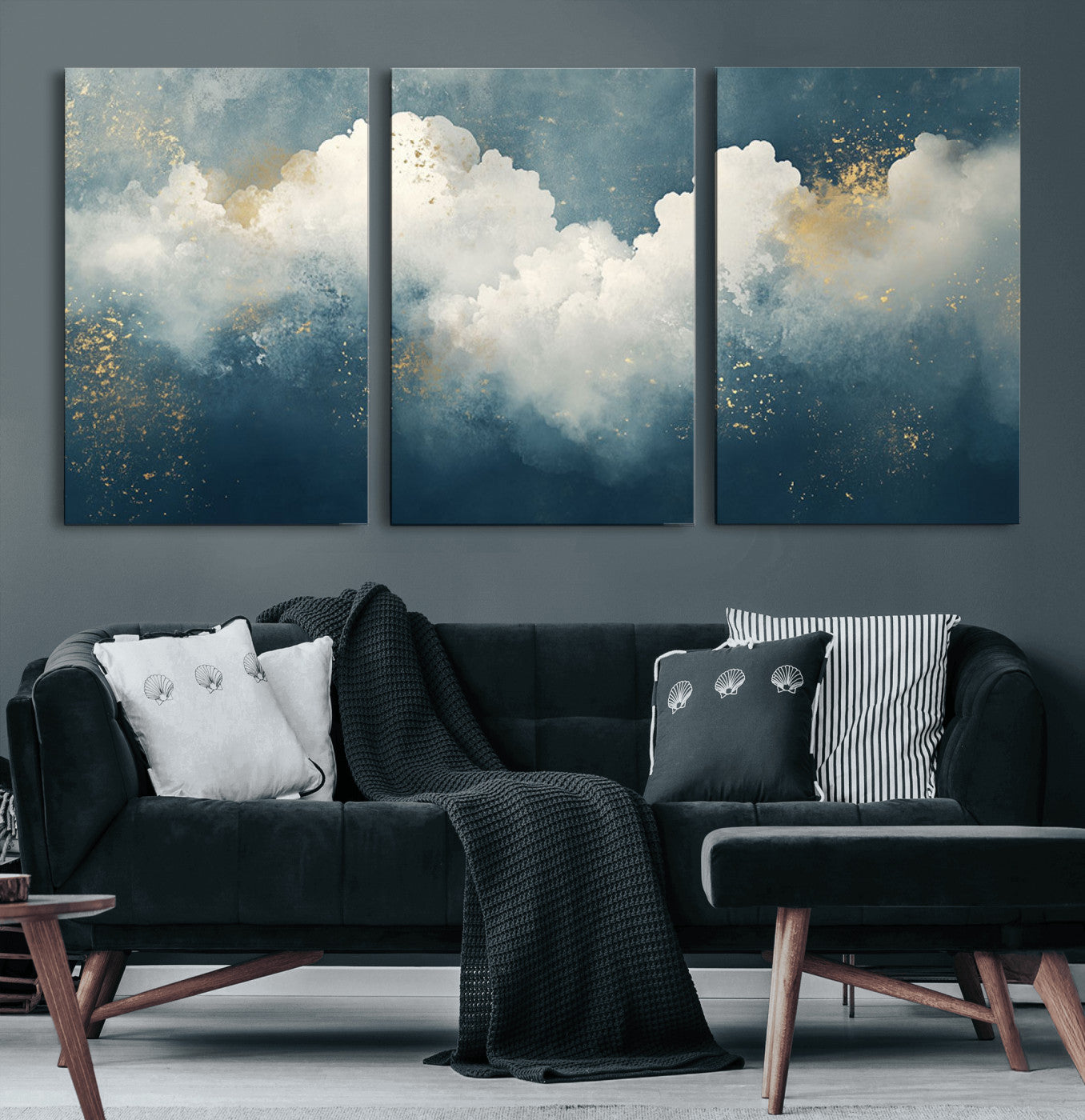 75131-MGV-CV-60X30-3P-Abstract Cloud Wall Art – Modern Canvas Print Featuring Blue and White Clouds with Golden Accents, Contemporary Artwork for Living