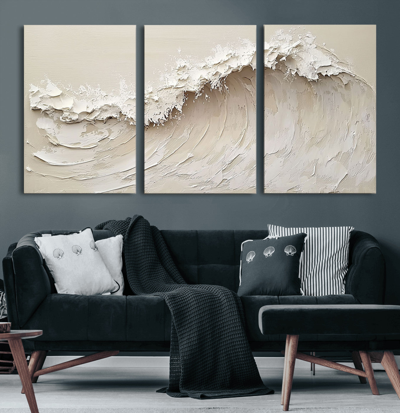 45175-MGV-CV-60X30-3P-Textured Wave Wall Art Canvas Print, Framed Minimal Seascape Art Picture Print, Elegant Wave Perfect Modern Coastal Decor Artwork