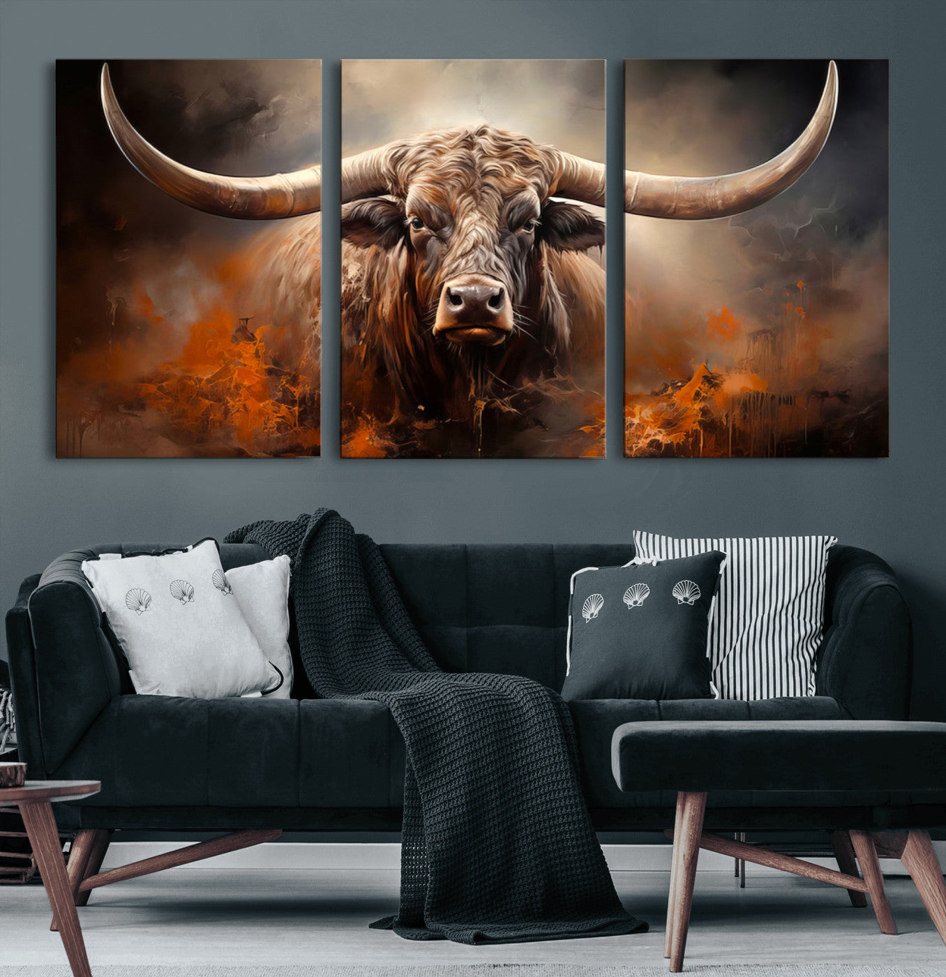 240479-MGV-CV-60X30-3P-Longhorn Bull Wall Art – Dramatic Western Canvas Print Featuring Horned Bull with Fiery Background, Rustic Farmhouse Artwork for