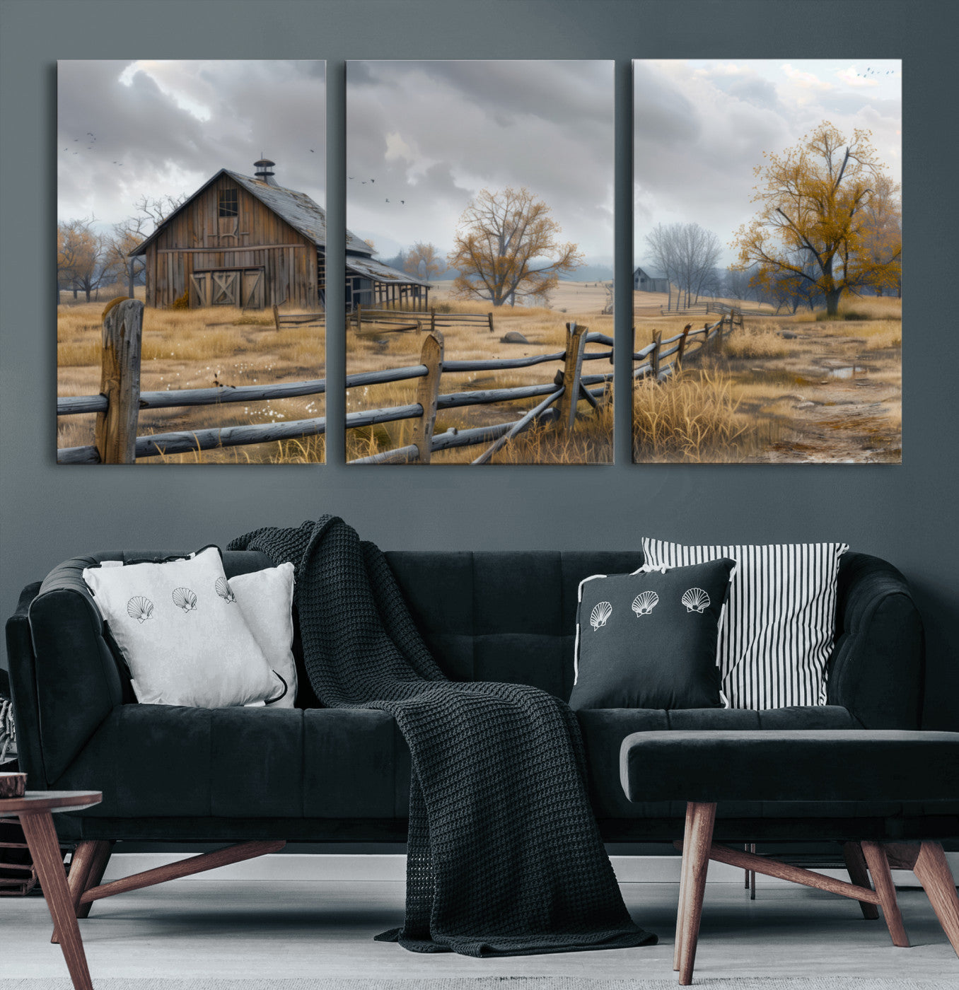 Farm1-MGV-CV-36X24-Rustic Autumn Farmhouse Wall Art – Serene Countryside Scene Canvas Print, Weathered Barn and Autumn Trees Decor for Living Room,