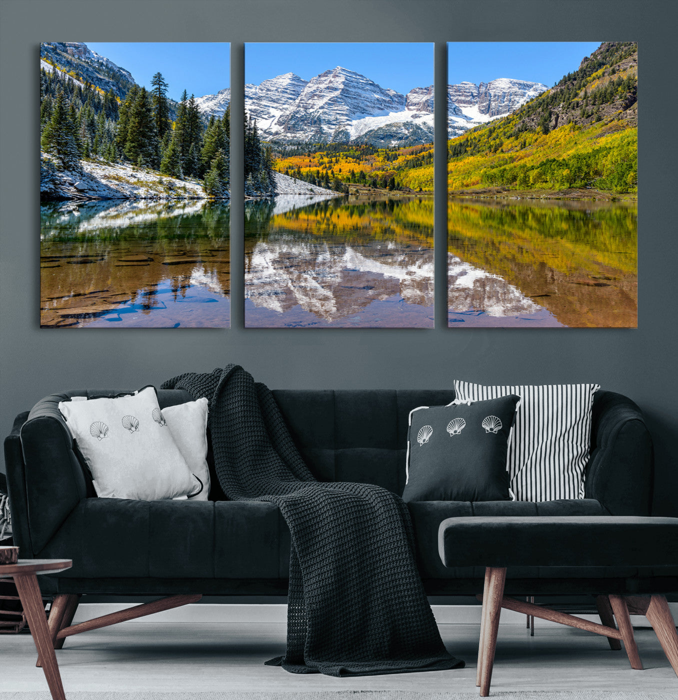 87724099-MGV-CV-60X30-3P-Maroon Bells Wall Art Canvas Print, Framed Snowy Mountains Art Picture Print, Pine Forest Perfect Vibrant Alpine Decor Artwork