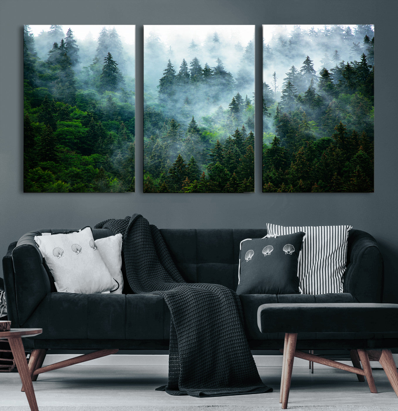 17393683-MGV-CV-60X30-3P-Misty Forest Art Wall Art Canvas Print, Framed Foggy Mountain Art Art Picture Print, Scenic Wall Print Perfect Decor Artwork