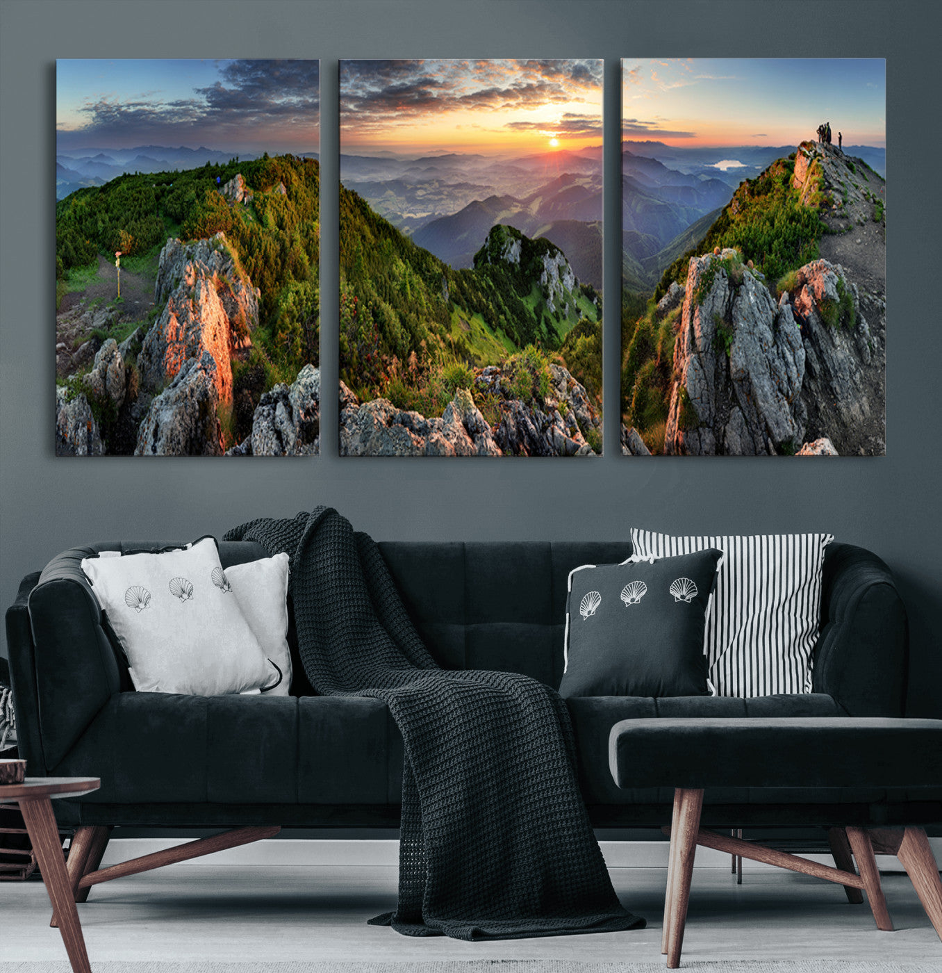 51582565-MGV-CV-60X30-3P-Mountain Sunrise Panorama Wall Art – Scenic Landscape Canvas Print, Hiking Adventure Nature Photography, Large Mountain Range Wall