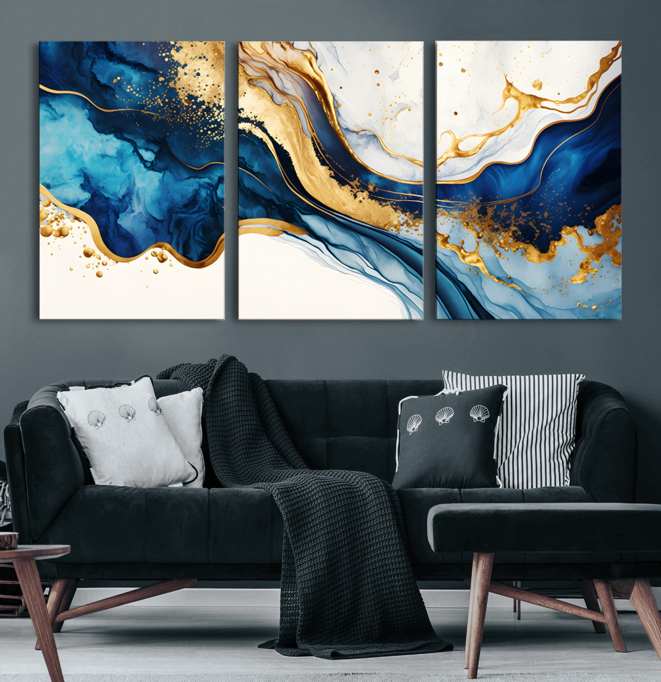 60283636-MGV-CV-60X30-3P-Blue Gold Flow Wall Art Canvas Print, Framed Marble Texture Art Picture Print, Elegant Splash Perfect Elegant Abstract Decor