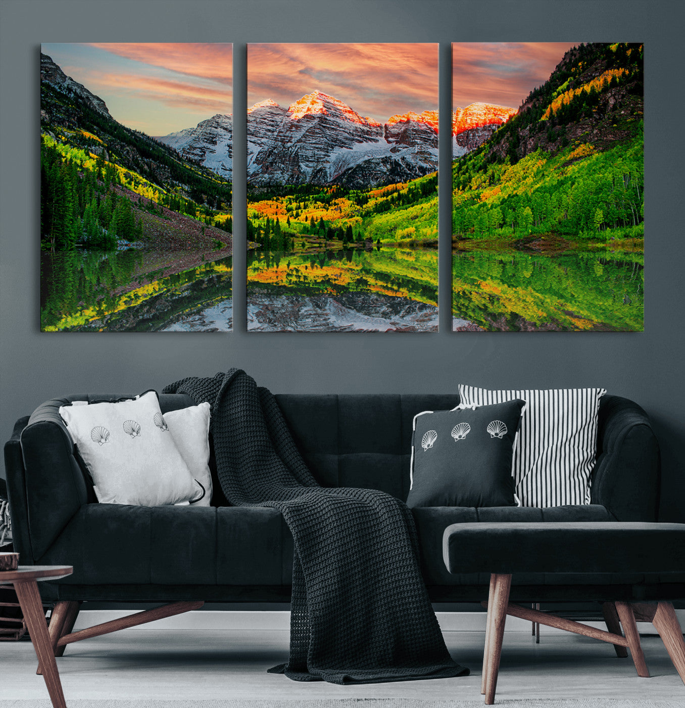 59533484-MGV-CV-36X24-Maroon Bells Autumn Wall Art – Panoramic Mountain Landscape Canvas Print, Sunset Reflection Nature Artwork for Living Room, Office