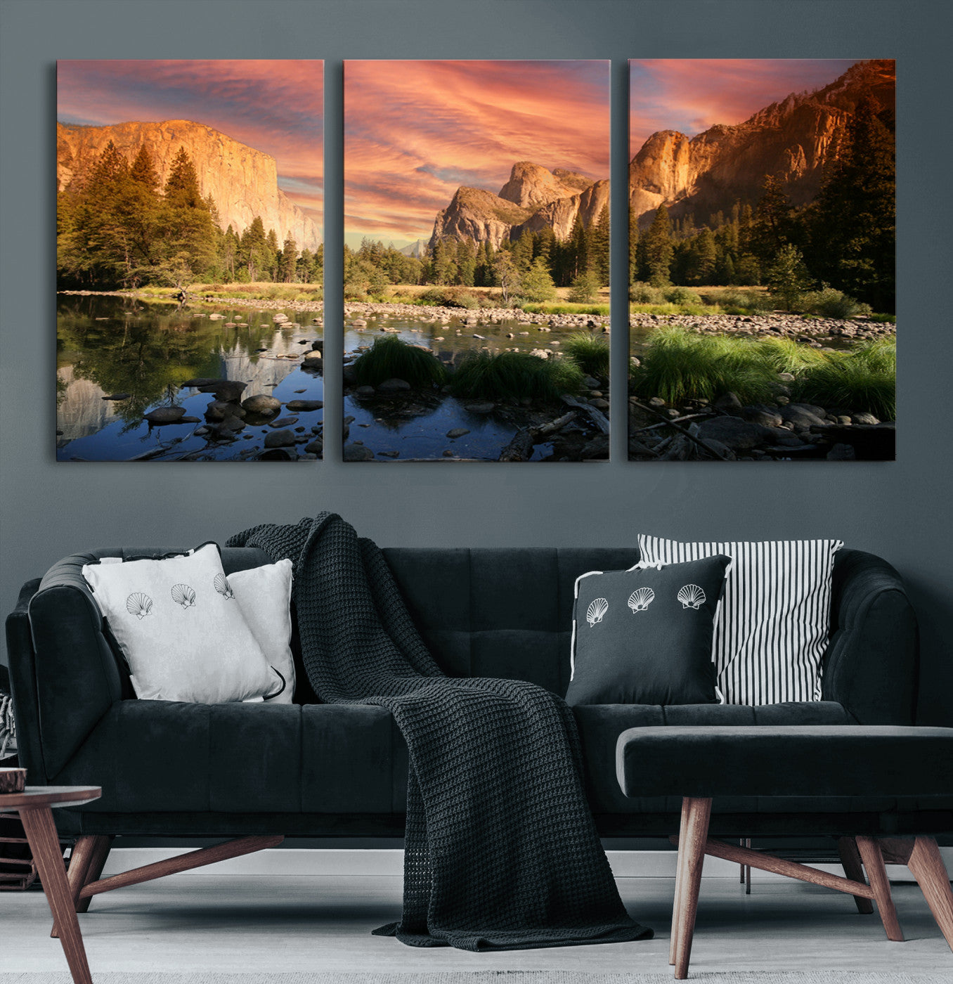 31199457-MGV-CV-60X30-3P-Yosemite Valley Wall Art Canvas Print, Framed El Capitan Art Picture Print, Sunset Sky Perfect Vibrant Western Decor Artwork