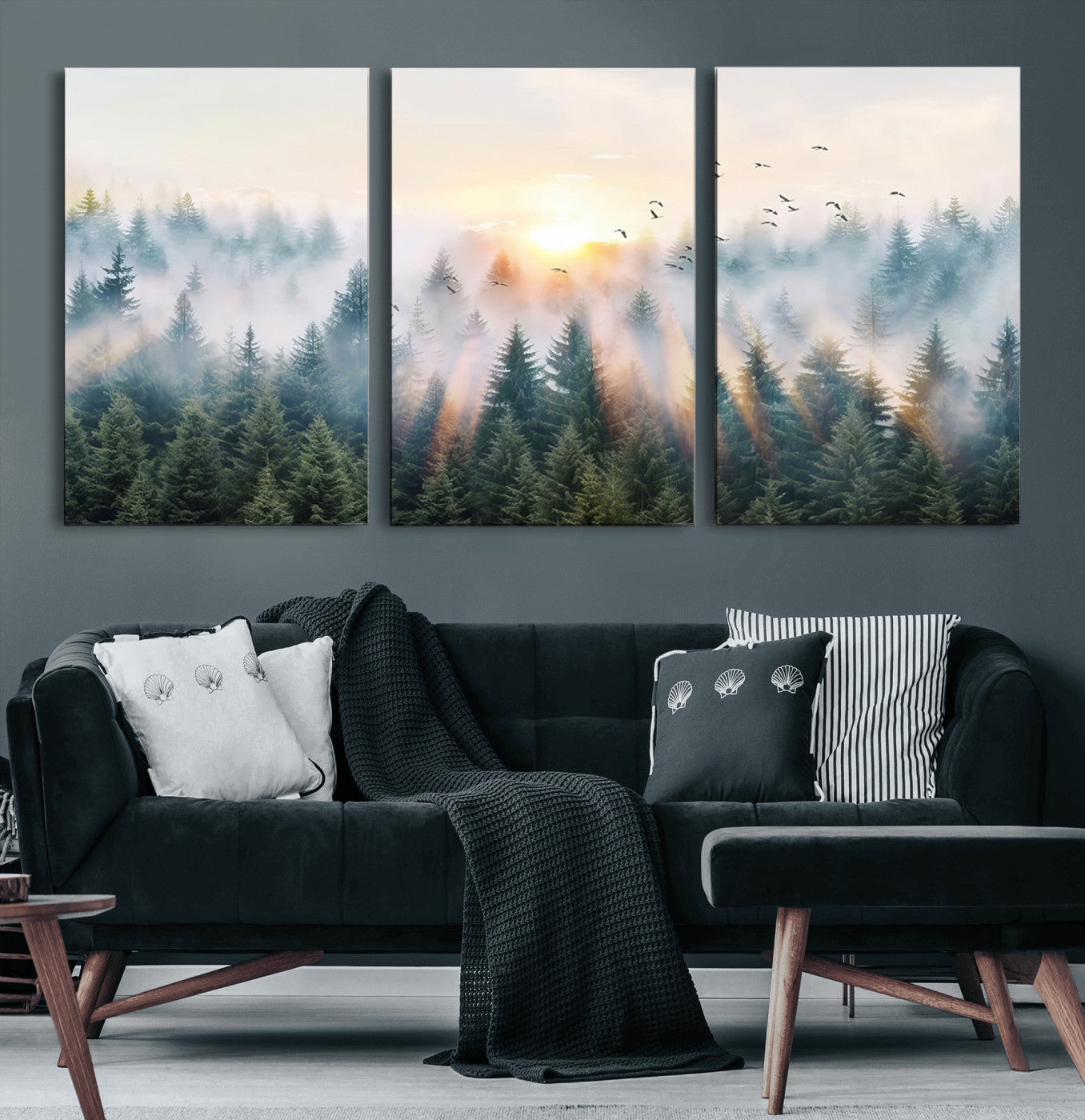 92718976-MGV-CV-60X30-3P-Misty Forest Wall Art Canvas Print, Framed Sunrise Pines Art Picture Print, Foggy Woodland Perfect Moody Woodland Decor Artwork