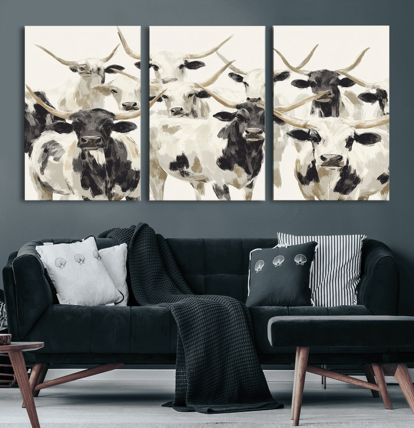 52947970-MGV-CV-36X24-Texas Longhorn Wall Art Canvas Print, Framed Cattle Herd Art Picture Print, Herd Portrait Perfect Modern Farmhouse Decor Artwork