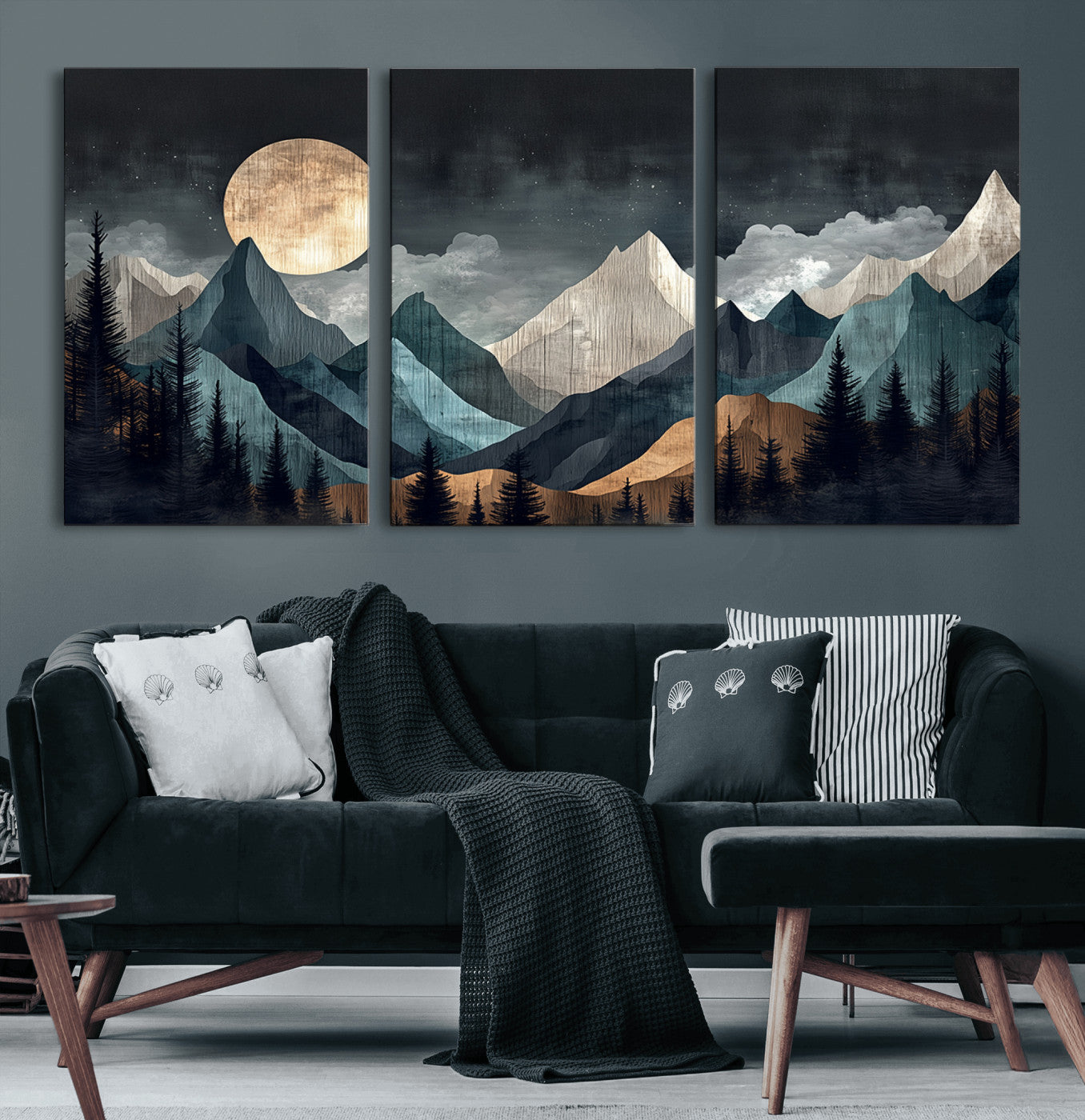 11060882-MGV-CV-36X24-Moonlit Mountains Wall Art Canvas Print, Framed Forest Silhouette Art Picture Print, Night Landscape Perfect Modern Forest Decor