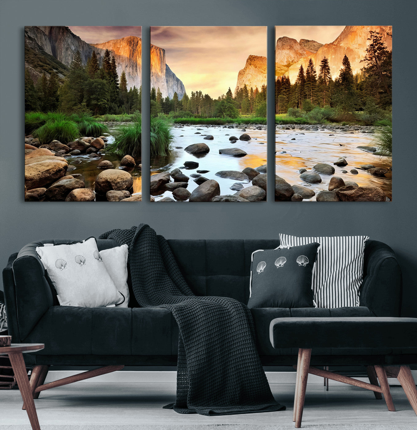 90956031-MGV-CV-60X30-3P-Yosemite Valley Wall Art – Scenic Mountain River Landscape Canvas Print, Nature Photography for Living Room, Bedroom, Cabin,