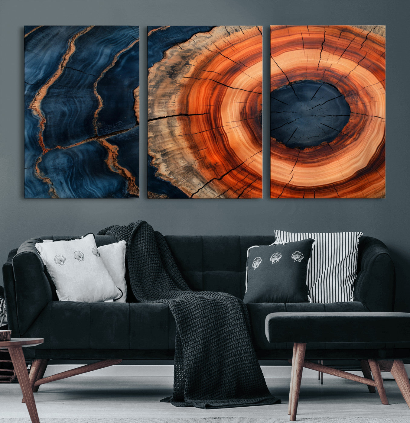 41123192-MGV-CV-60X30-3P-Tree Ring Canvas Wall Art – Abstract Blue Orange Wood Grain Print, Rustic Modern Nature Artwork for Living Room, Bedroom, Office