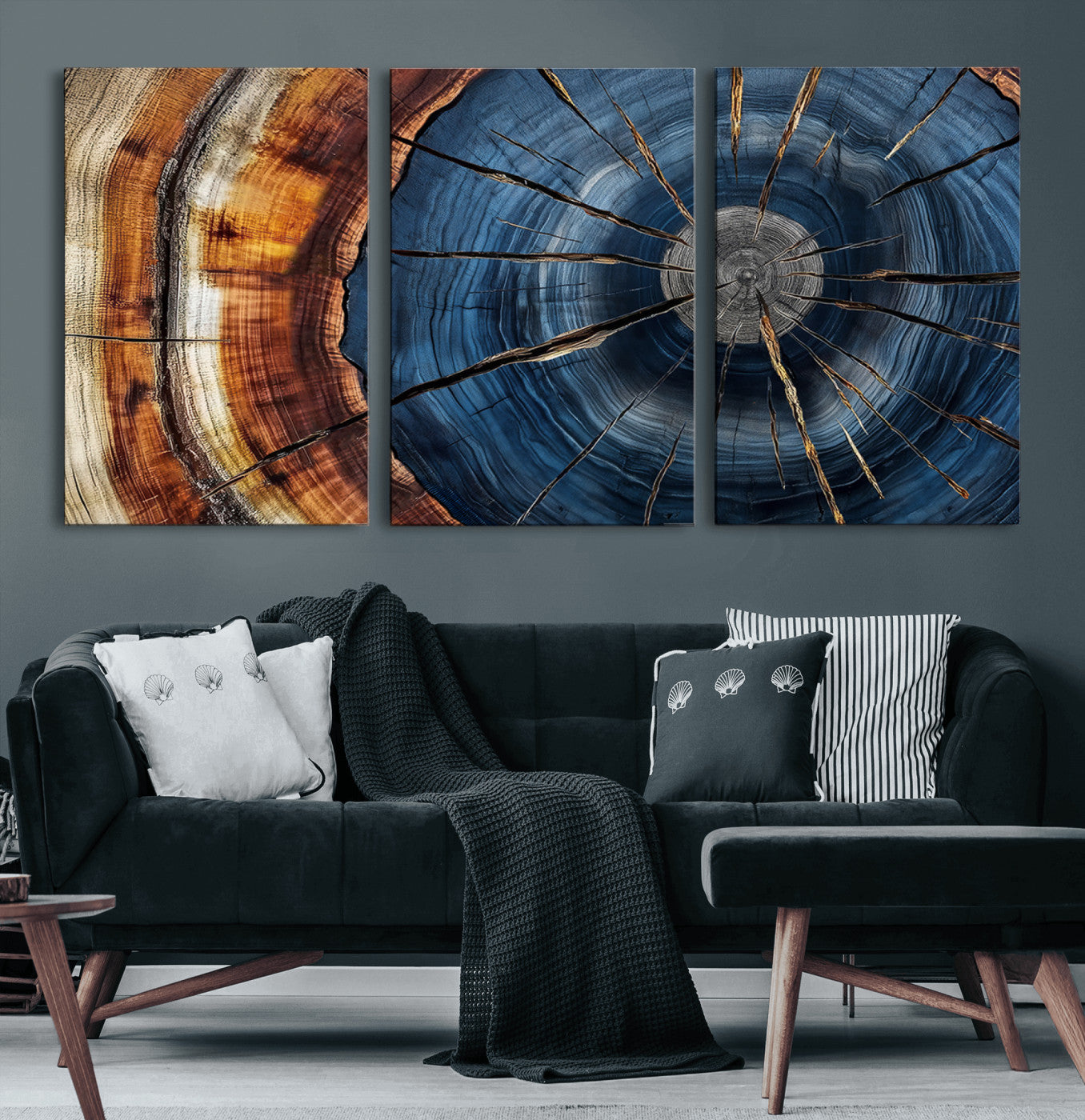 45268471-MGV-CV-60X30-3P-Blue Tree Ring Wall Art – Rustic Wood Cross Section Canvas Print, Modern Abstract Nature Decor for Living Room, Office, or Cabin