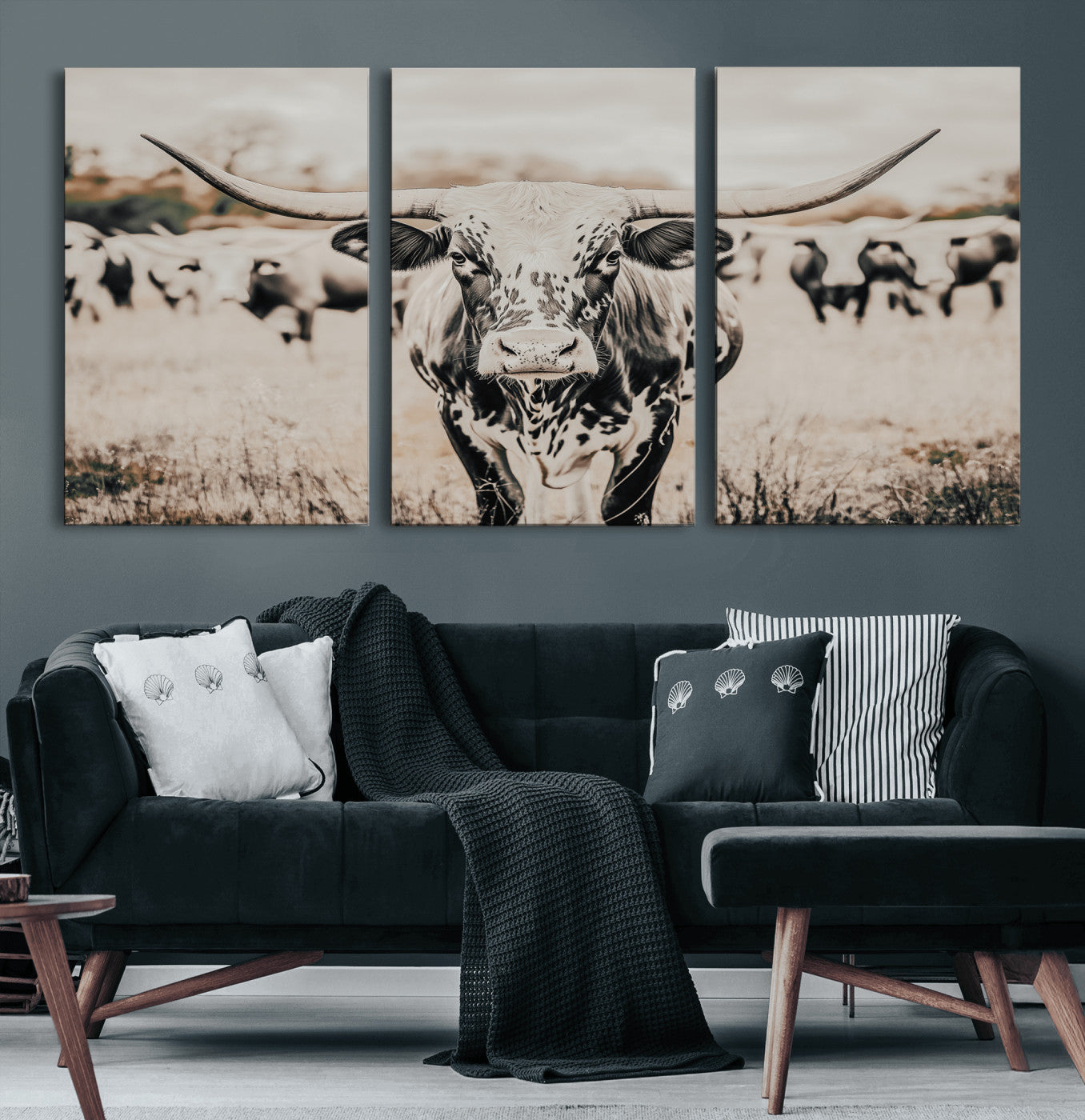 27497342-MGV-CV-36X24-Texas Longhorn Wall Art Canvas Print, Framed Speckled Cow Art Picture Print, Horned Cattle Perfect Rustic Western Decor Artwork