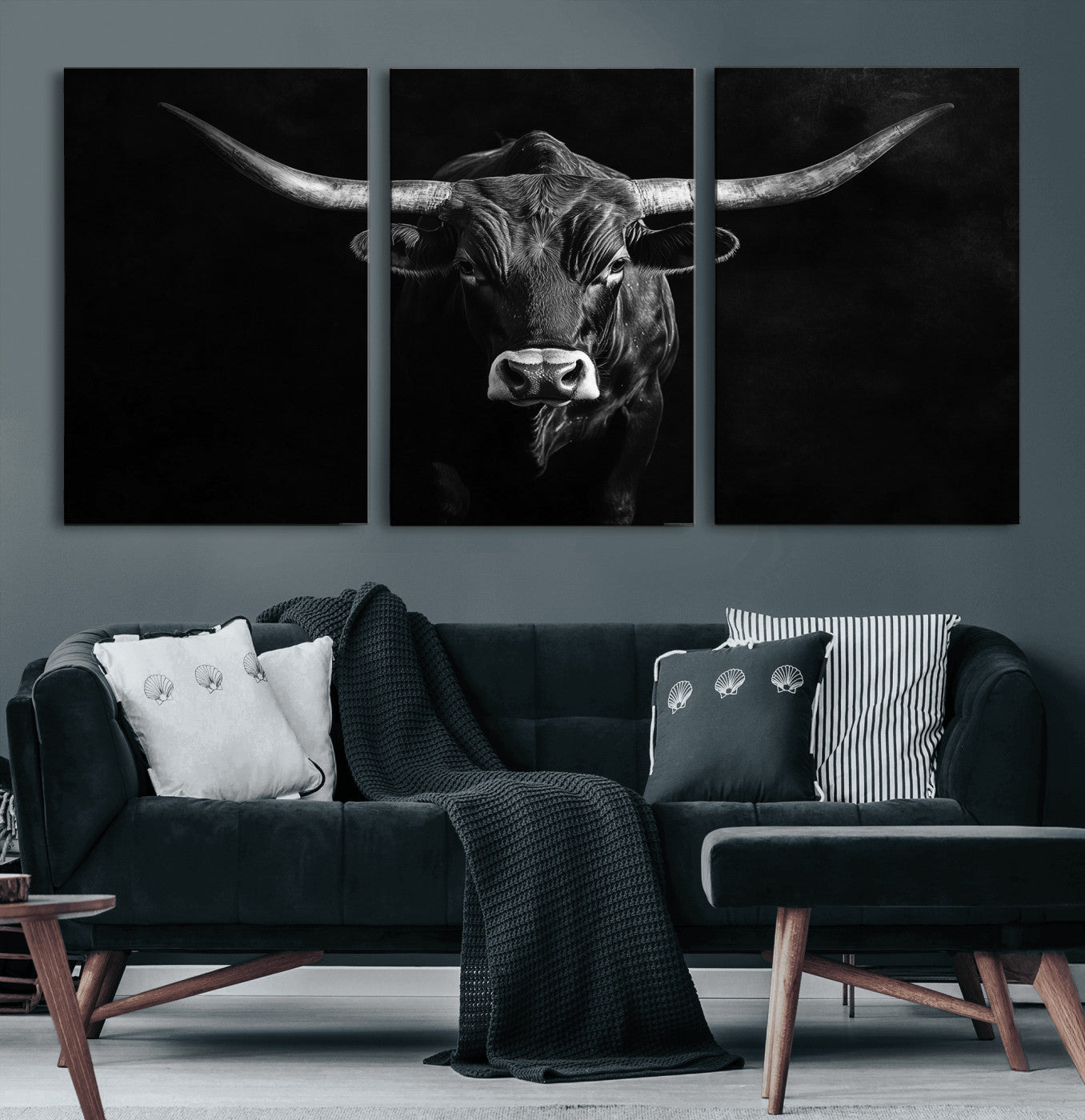 42077175-MGV-CV-36X24-Texas Longhorn Wall Art Canvas Print, Framed Monochrome Bull Art Picture Print, Horned Bull Perfect Rustic Western Decor Artwork
