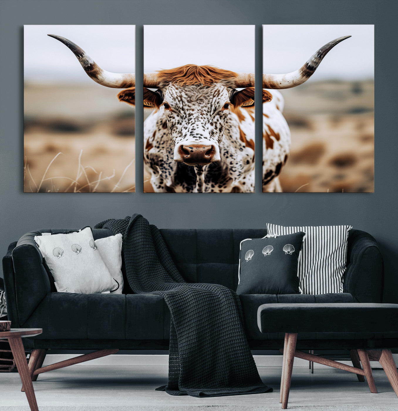 76294381-MGV-CV-36X24-Texas Longhorn Wall Art Canvas Print, Framed Spotted Cow Art Picture Print, Horned Cattle Perfect Rustic Western Decor Artwork