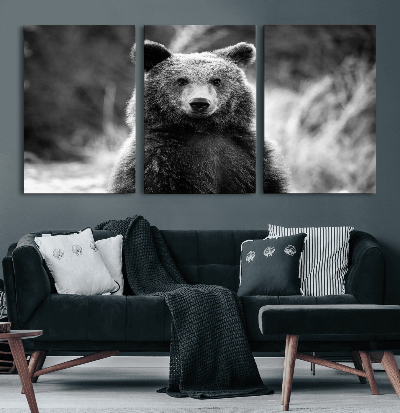 MGV-CV-60X30-3P - Grizzly Bear Wall Art Canvas Print, Framed Black White Bear Art Picture Print, Wild Bear Perfect Rustic Wildlife Decor Artwork