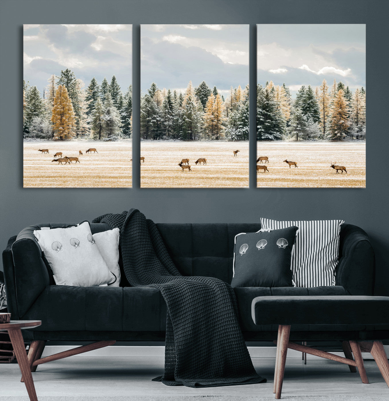 64188182-MGV-CV-60X30-3P-Elk Herd Wall Art Canvas Print, Framed Snowy Forest Art Picture Print, Forest Elks Perfect Neutral Rustic Decor Artwork