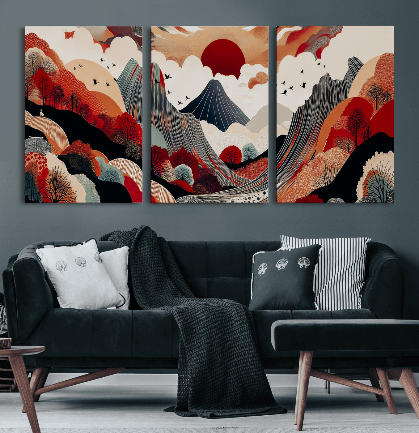 59495752-MGV-CV-60X30-3P-Abstract Mountain Wall Art Canvas Print, Framed Vibrant Landscape Art Picture Print, Nature Drawing Perfect Contemporary