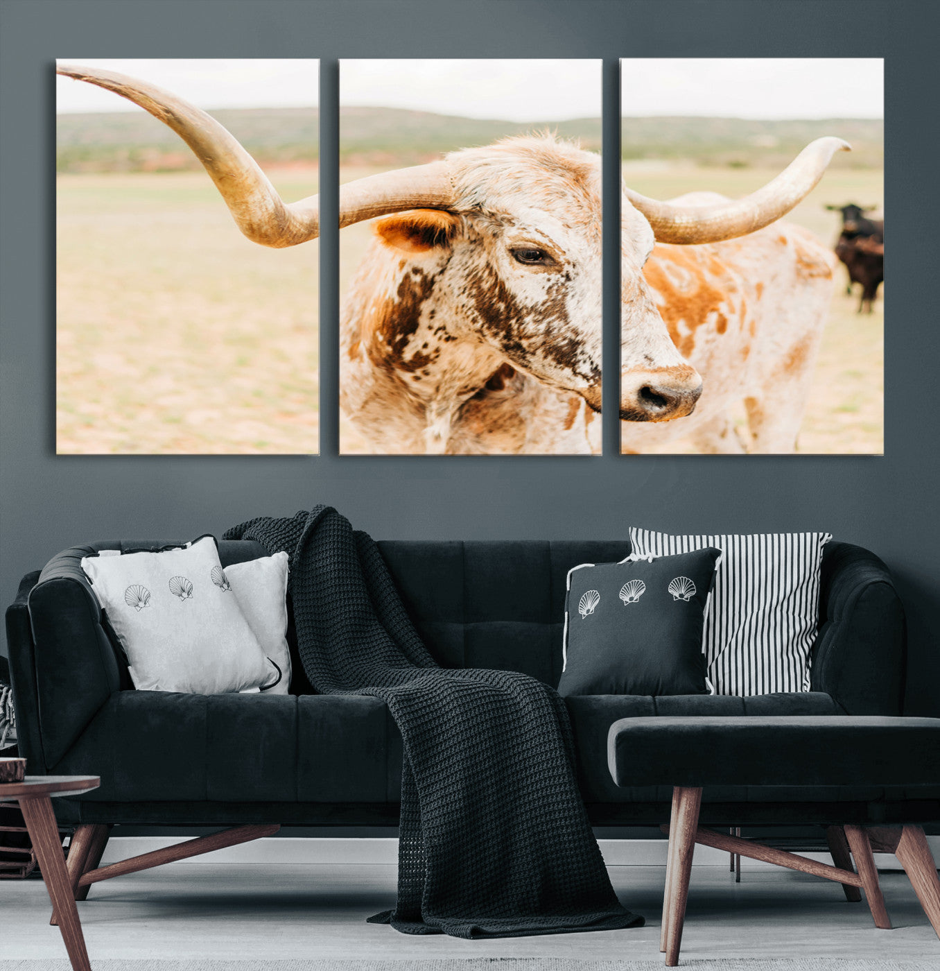 21060648-MGV-CV-60X30-3P-Texas Longhorn Wall Art Canvas Print, Framed Speckled Cow Art Picture Print, Rustic Bull Perfect Rustic Western Decor Artwork