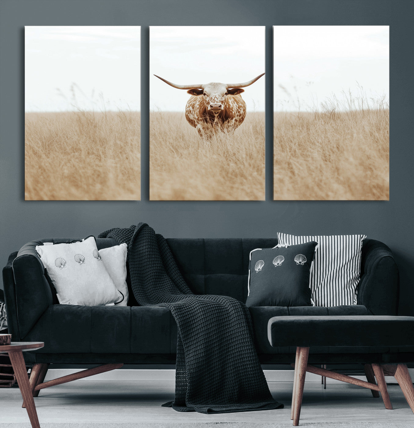 20927060-MGV-CV-60X30-3P-Texas Longhorn Wall Art Canvas Print, Framed Lone Cattle Art Picture Print, Longhorn Bull Perfect Rustic Western Decor Artwork