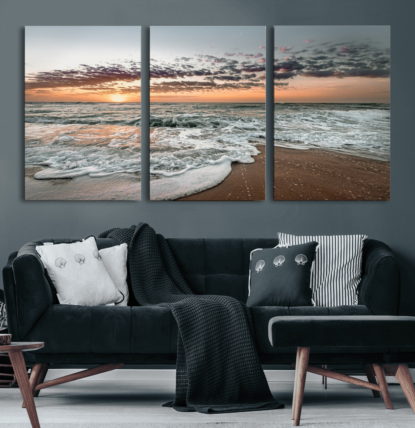40632752-MGV-CV-60X30-3P-Ocean Sunset Wall Art Canvas Print, Framed Beach Waves Art Picture Print, Coastal Scene Perfect Coastal Decor Artwork