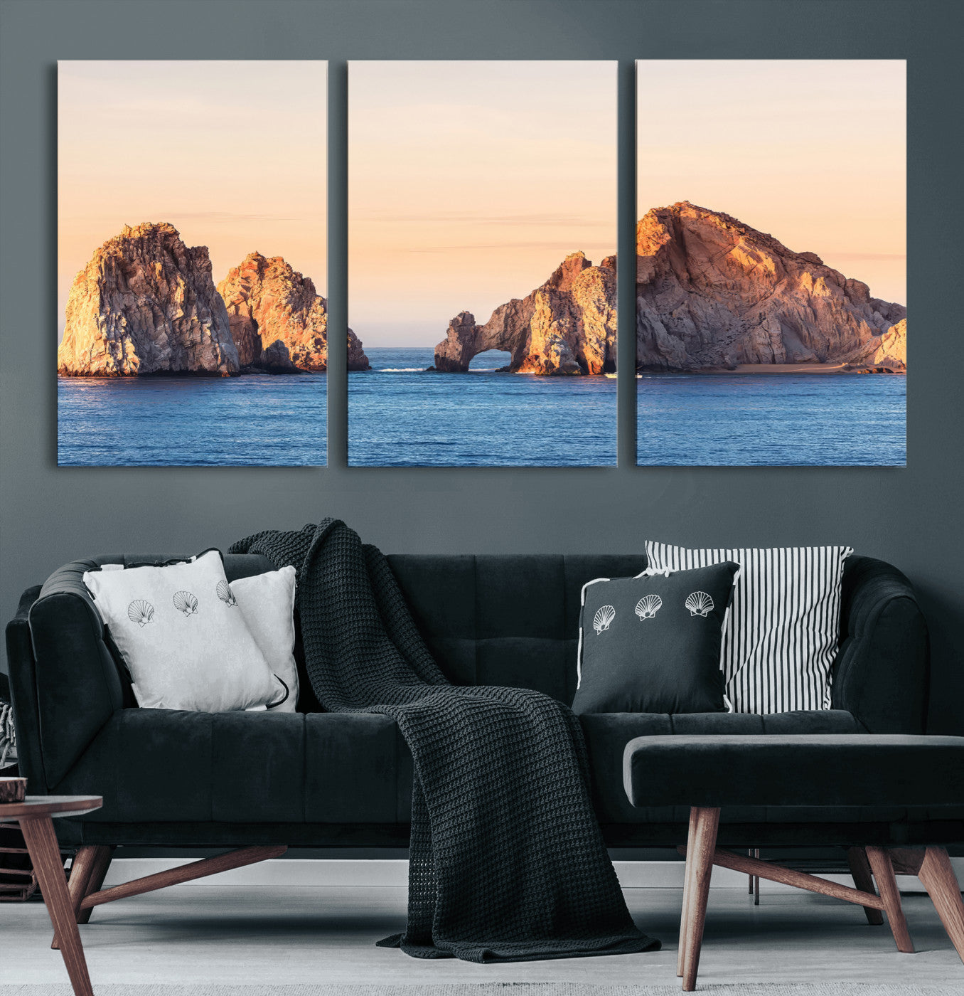 72996116-MGV-CV-60X30-3P-El Arco Wall Art Canvas Print, Framed Cabo Rocks Art Picture Print, Ocean Arch Perfect Golden Coastal Landmark Decor Artwork
