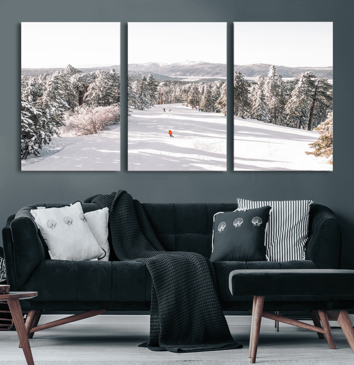 62119206-MGV-CV-36X24-Snowy Trail Wall Art Canvas Print, Framed Ski Slope Art Picture Print, Winter Pines Perfect Alpine Adventure Decor Artwork
