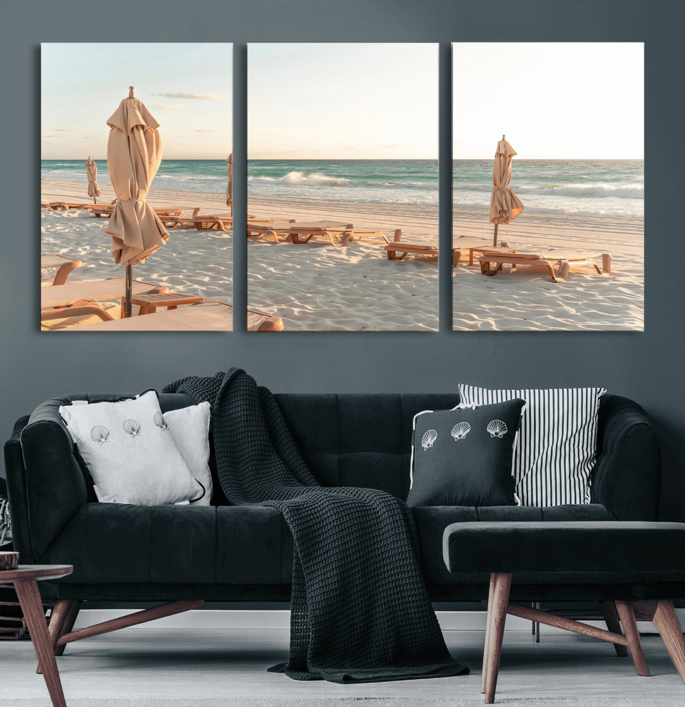 58507949-MGV-CV-36X24-Beach Umbrellas Wall Art Canvas Print, Framed Empty Loungers Art Picture Print, Soft Sand Perfect Minimalist Seaside Decor Artwork