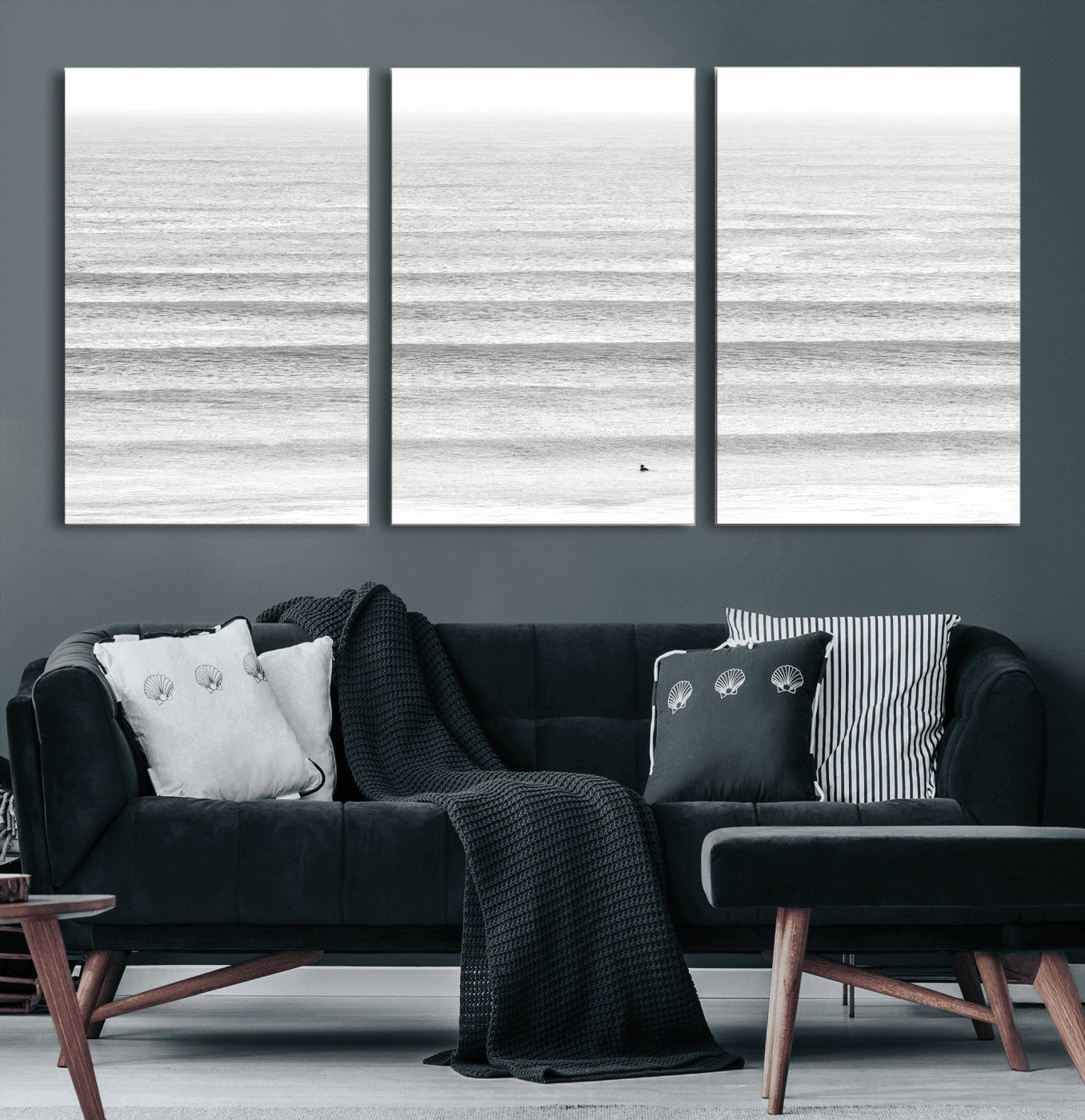 66534476-MGV-CV-60X30-3P-Lone Surfer Wall Art Canvas Print, Framed Ocean Waves Art Picture Print, Minimal Sea Perfect Minimal Coastal Decor Artwork