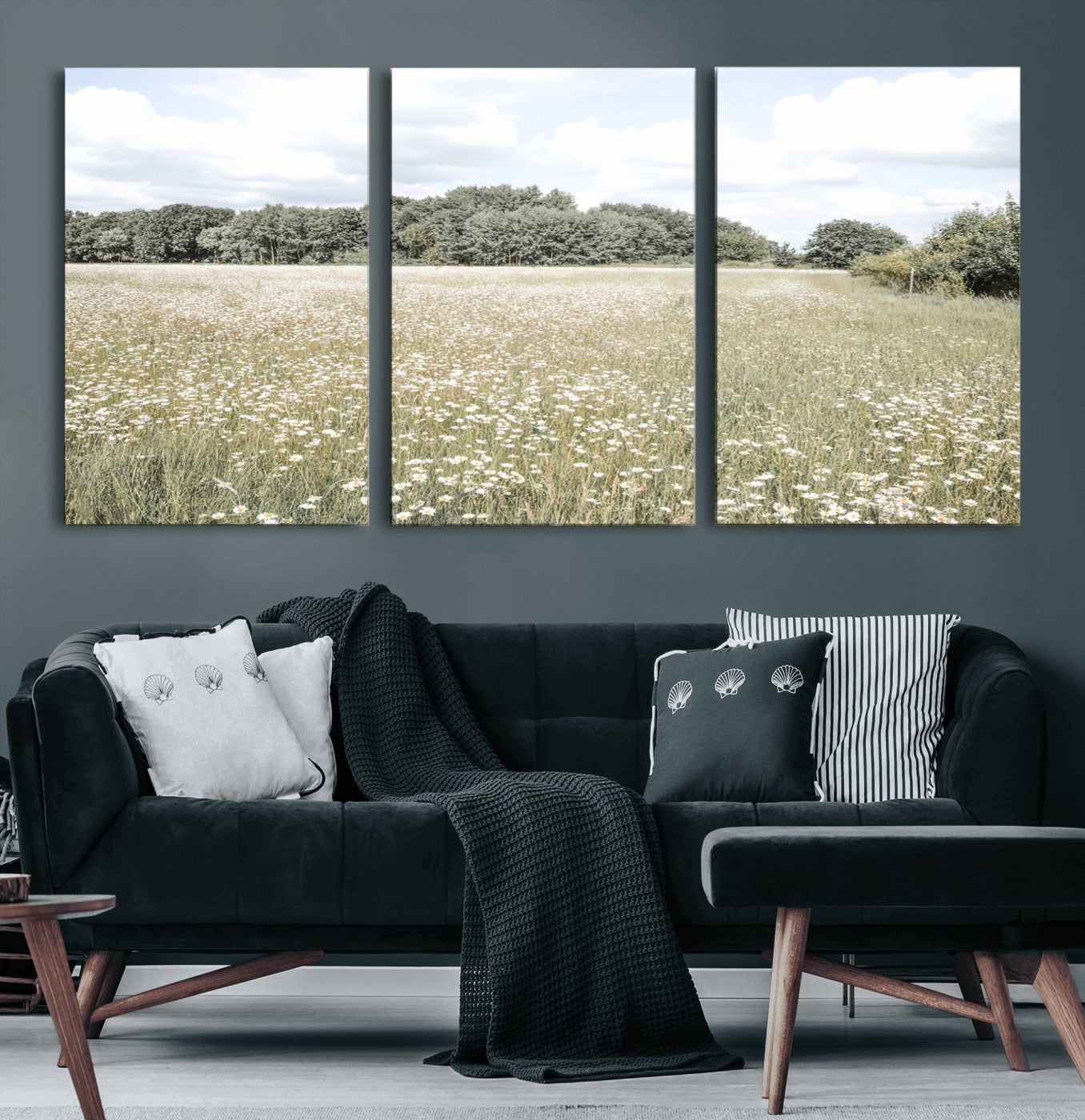 43258946-MGV-CV-36X24-Daisy Field Wall Art Canvas Print, Framed Pastel Flower Art Picture Print, Meadow Bloom Perfect Scandinavian Minimalist Decor