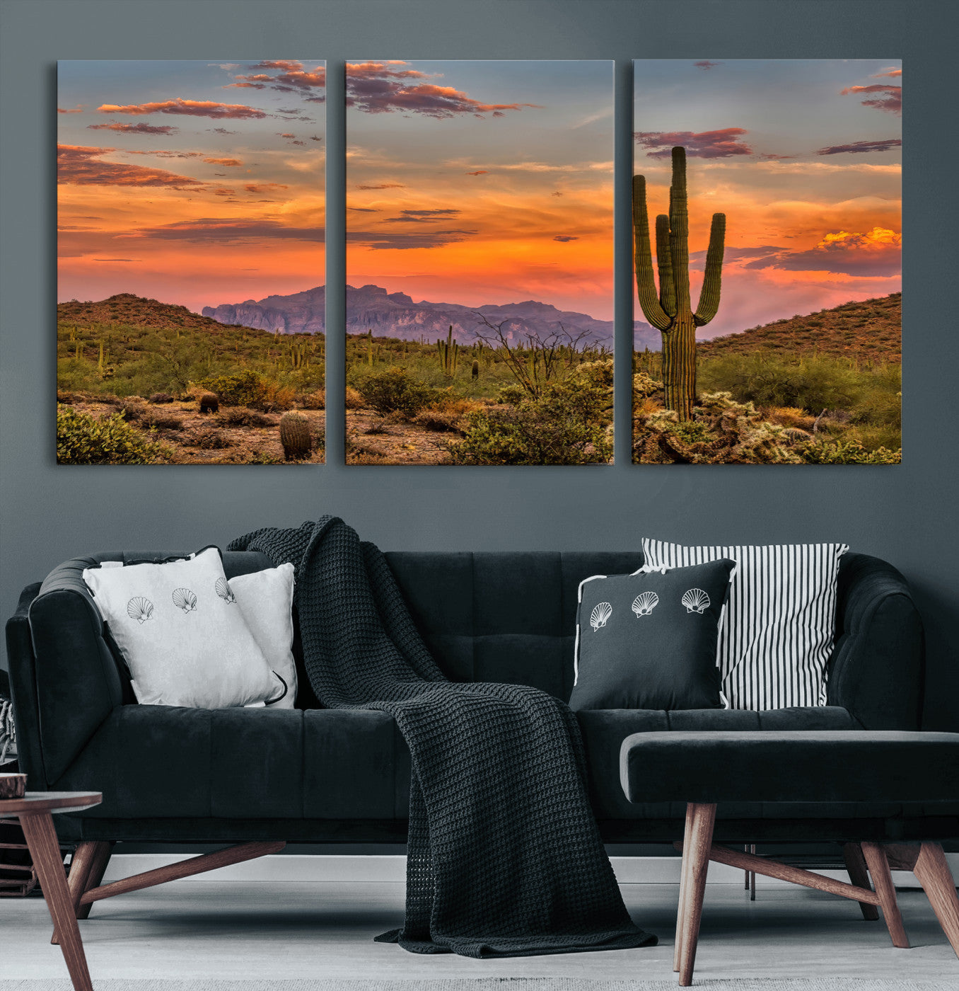 25332783-MGV-CV-60X30-3P-Saguaro Cactus Wall Art Canvas Print, Framed Arizona Sunset Art Picture Print, Sonoran Desert Perfect Southwestern Boho Decor