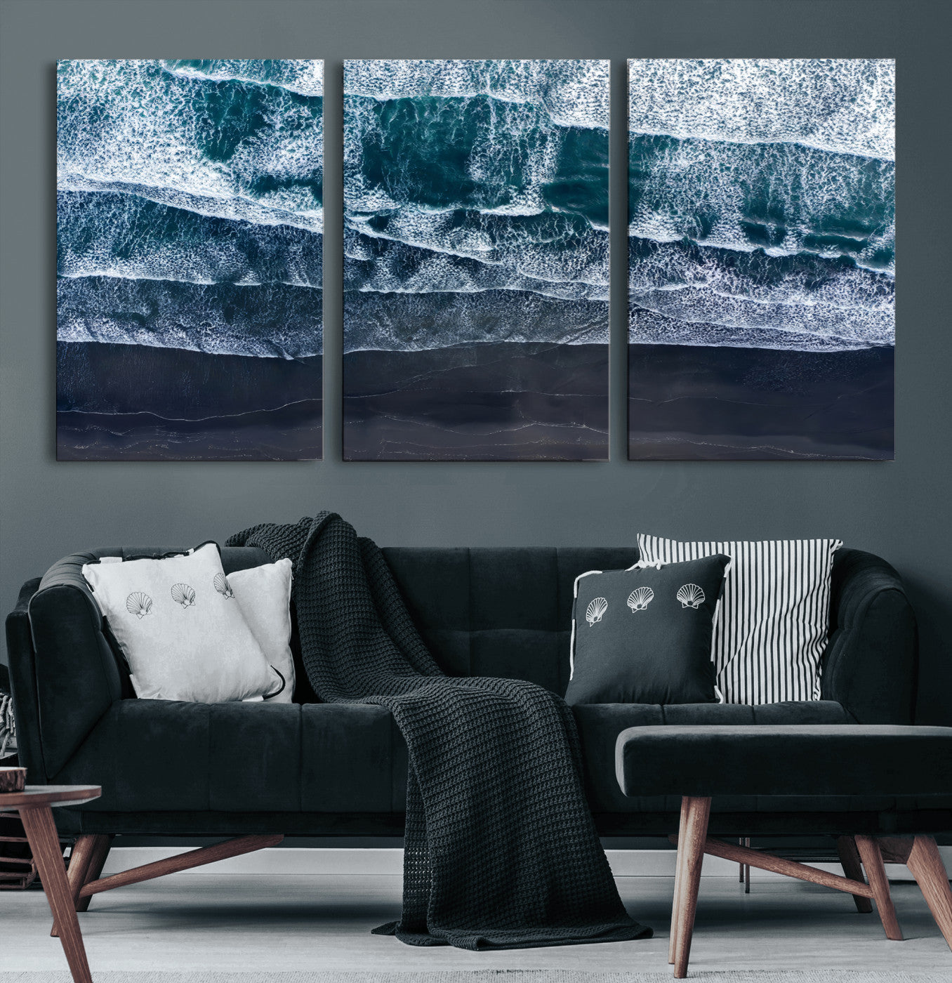 87941475-MGV-CV-36X24-Black Beach Wall Art Canvas Print, Framed Aerial Ocean Art Picture Print, Moody Coastal Perfect Modern Coastal Decor Artwork
