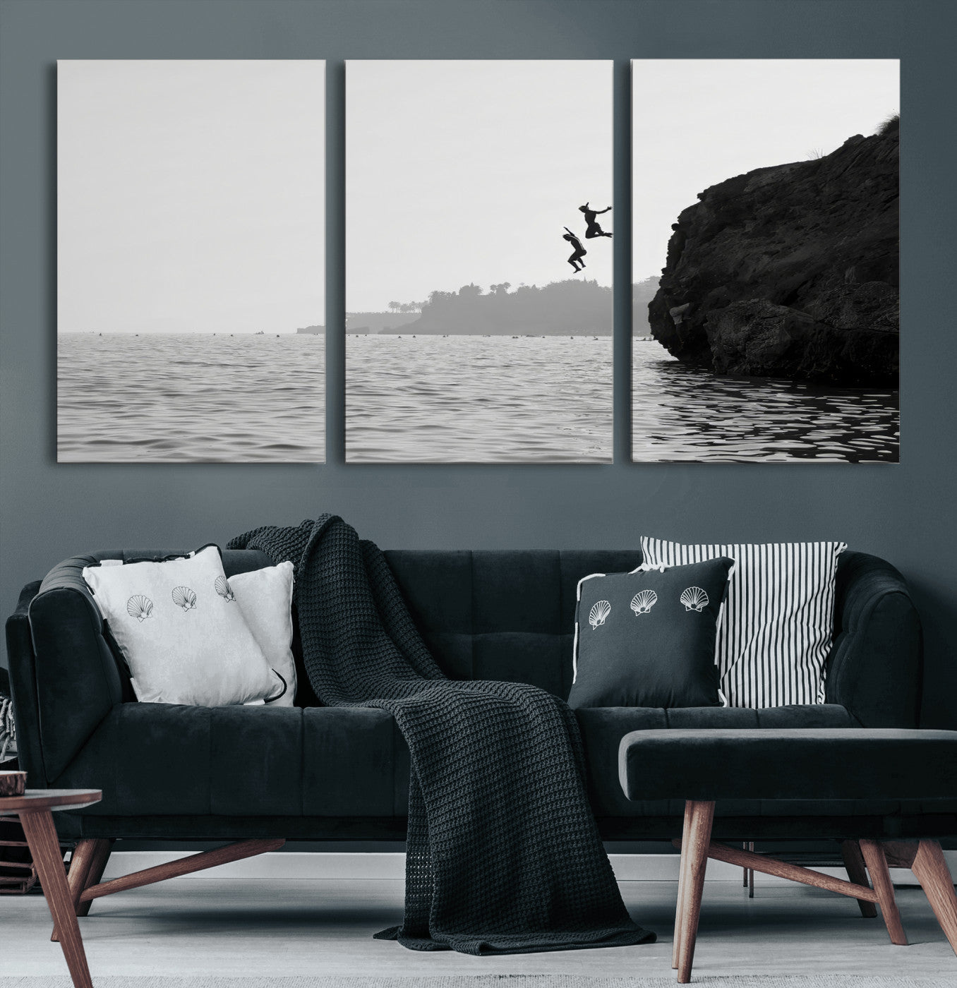 52284302-MGV-CV-60X30-3P-Cliff Jumping Wall Art Canvas Print, Framed Ocean Adventure Art Picture Print, Black White Coast Perfect Modern Coastal Decor