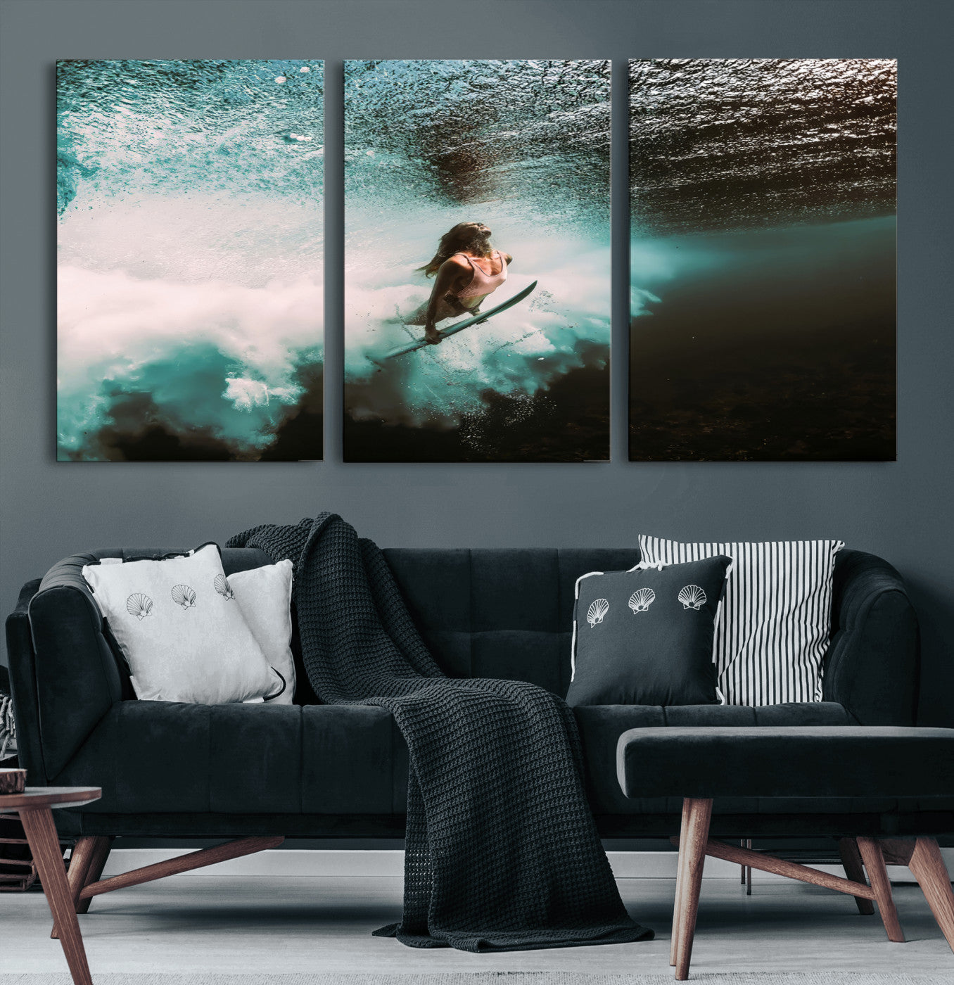85923512-MGV-CV-36X24-Aquatic Motion Wall Art Canvas Print, Framed Underwater Swimming Art Picture Print, Female Surfer Diving Perfect Coastal Boho