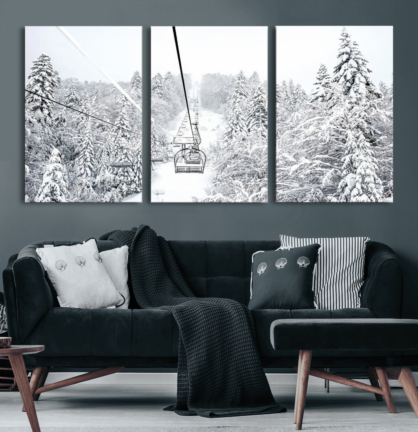 44705668-MGV-CV-60X30-3P-Winter Forest Wall Art Canvas Print, Framed Snowy Forest Art Picture Print, Ski Lift Perfect Scandinavian Decor Artwork