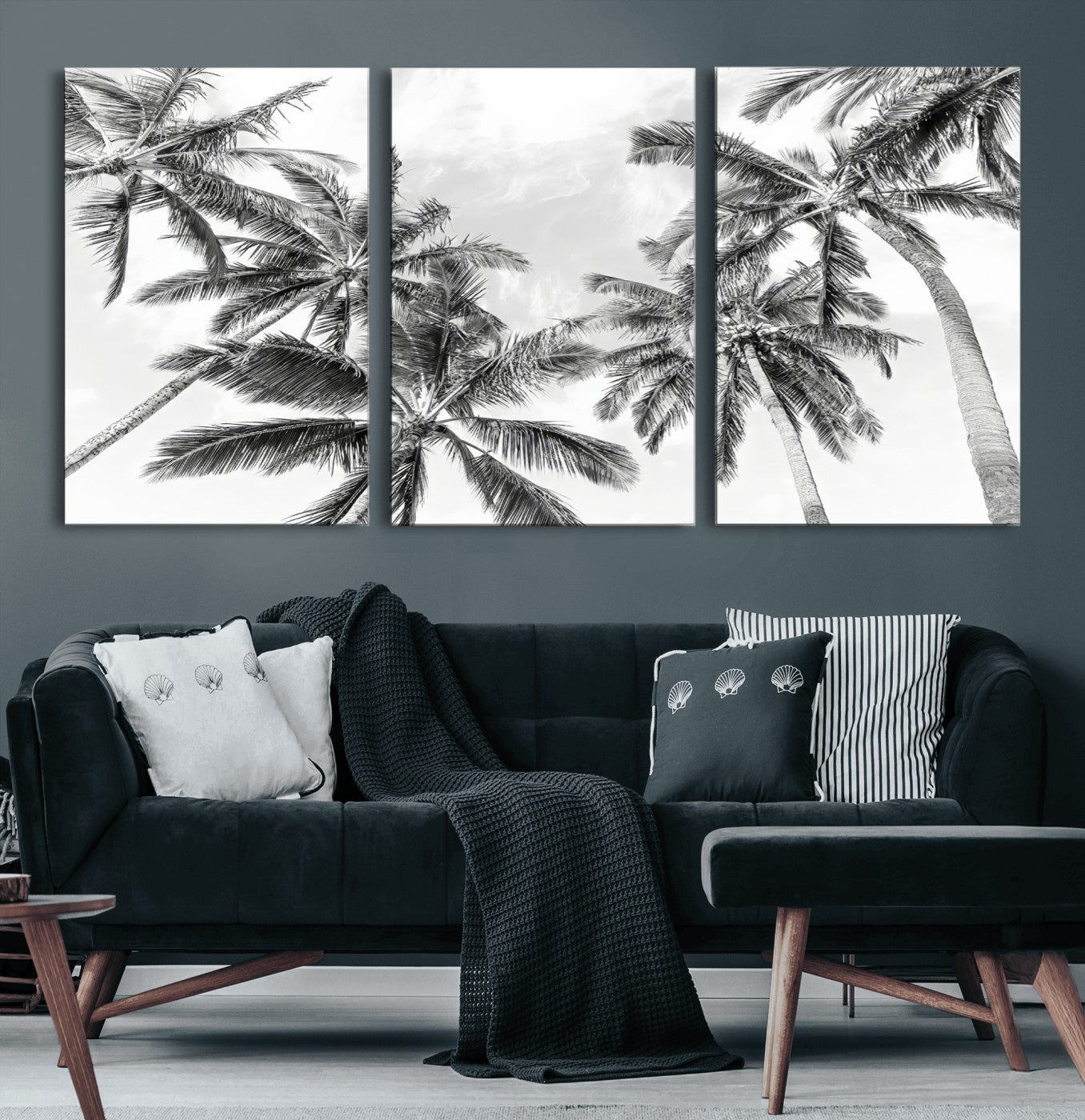 62113786-MGV-CV-36X24-Black White Palm Wall Art Canvas Print, Framed Monochrome Tropics Art Picture Print, Minimalist Beach Perfect Coastal Minimalist