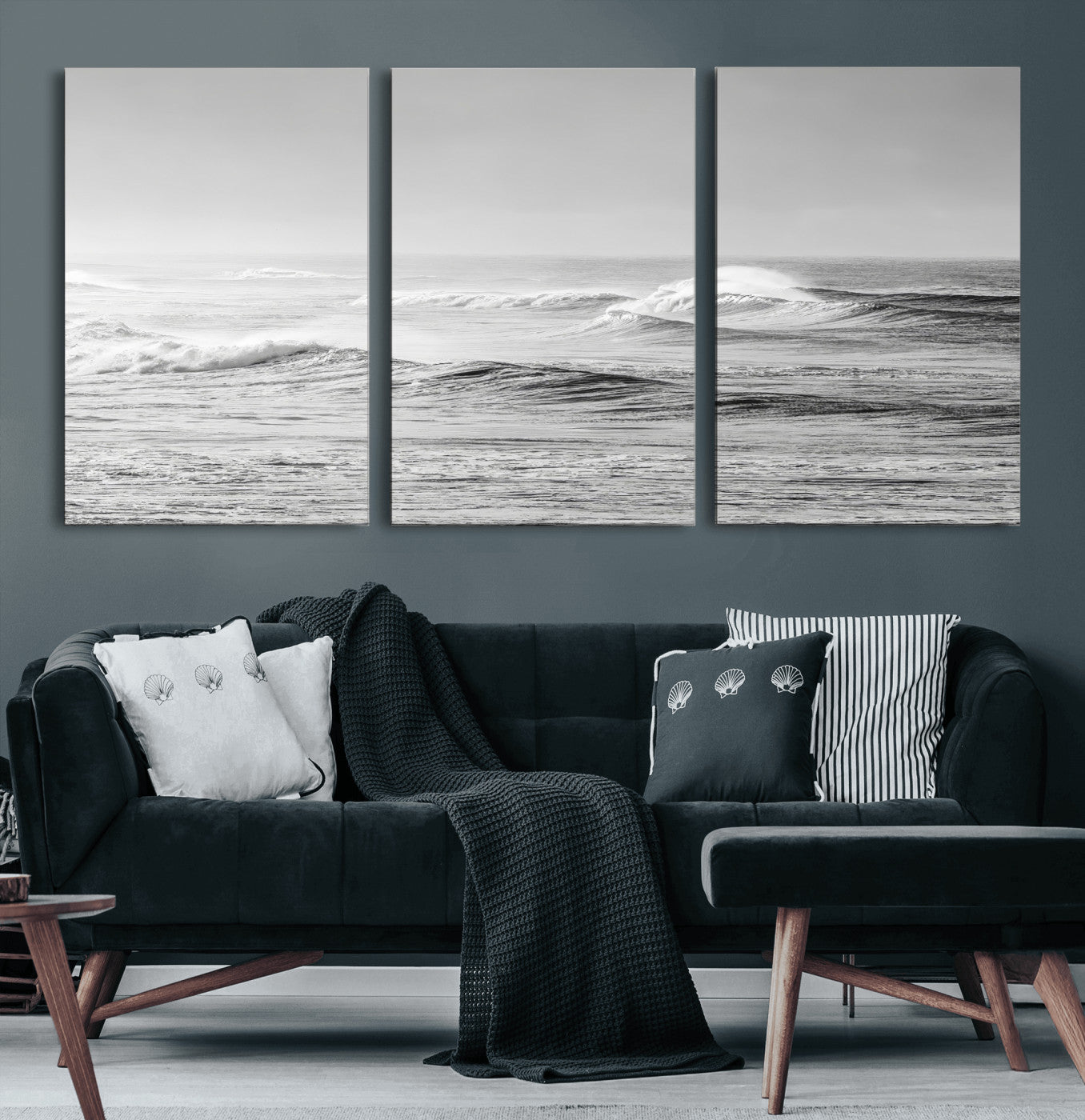 98634812-MGV-CV-60X30-3P-Black and White Ocean Waves Wall Art – Minimalist Sea Canvas Print, Coastal Photography Decor for Living Room, Bedroom or Office