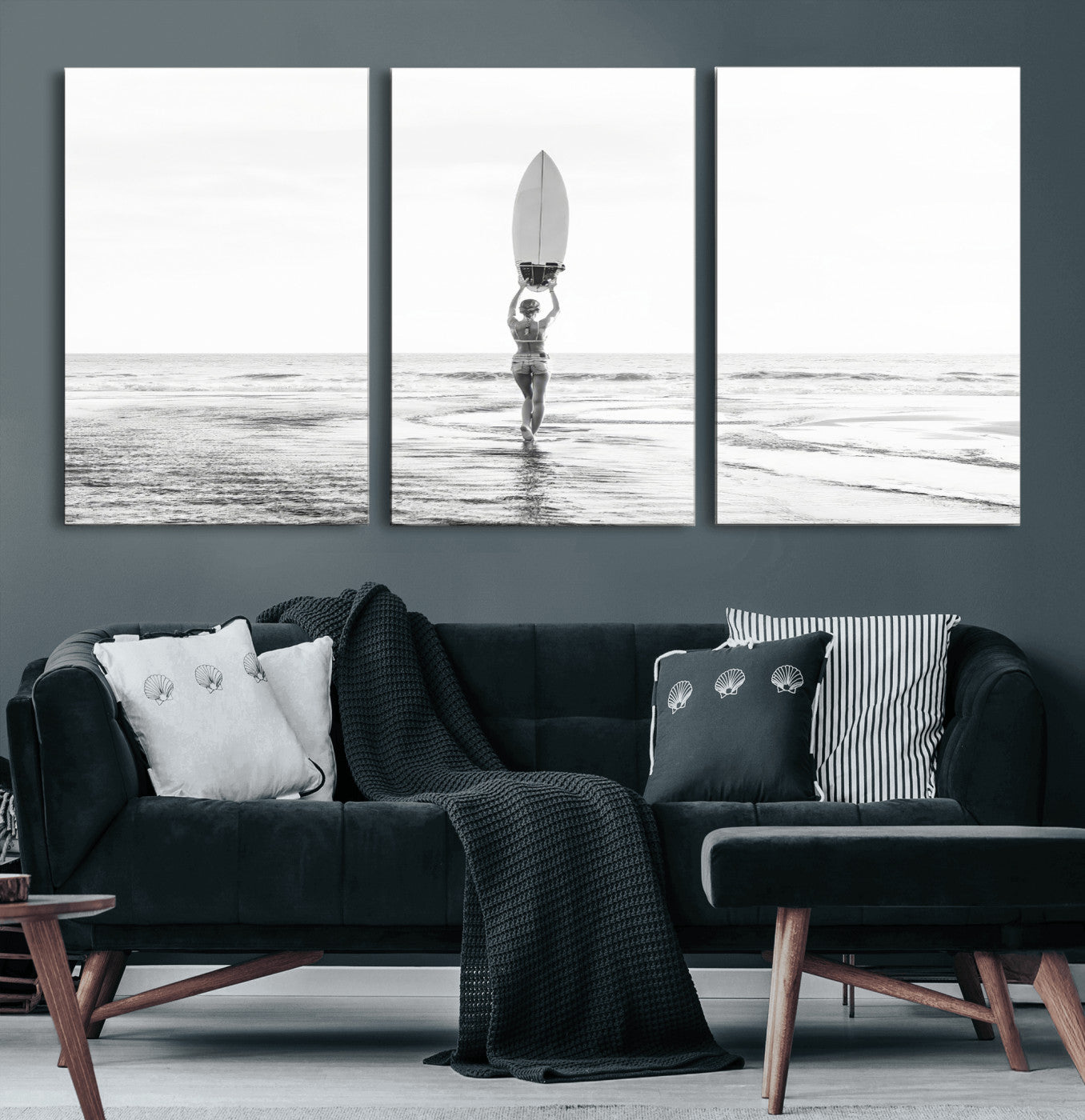 98446901-MGV-CV-60X30-3P-Monochrome Surf Wall Art Canvas Print, Framed Minimalist Surfer Art Picture Print, Surfboard Silhouette Perfect Coastal Minimalist