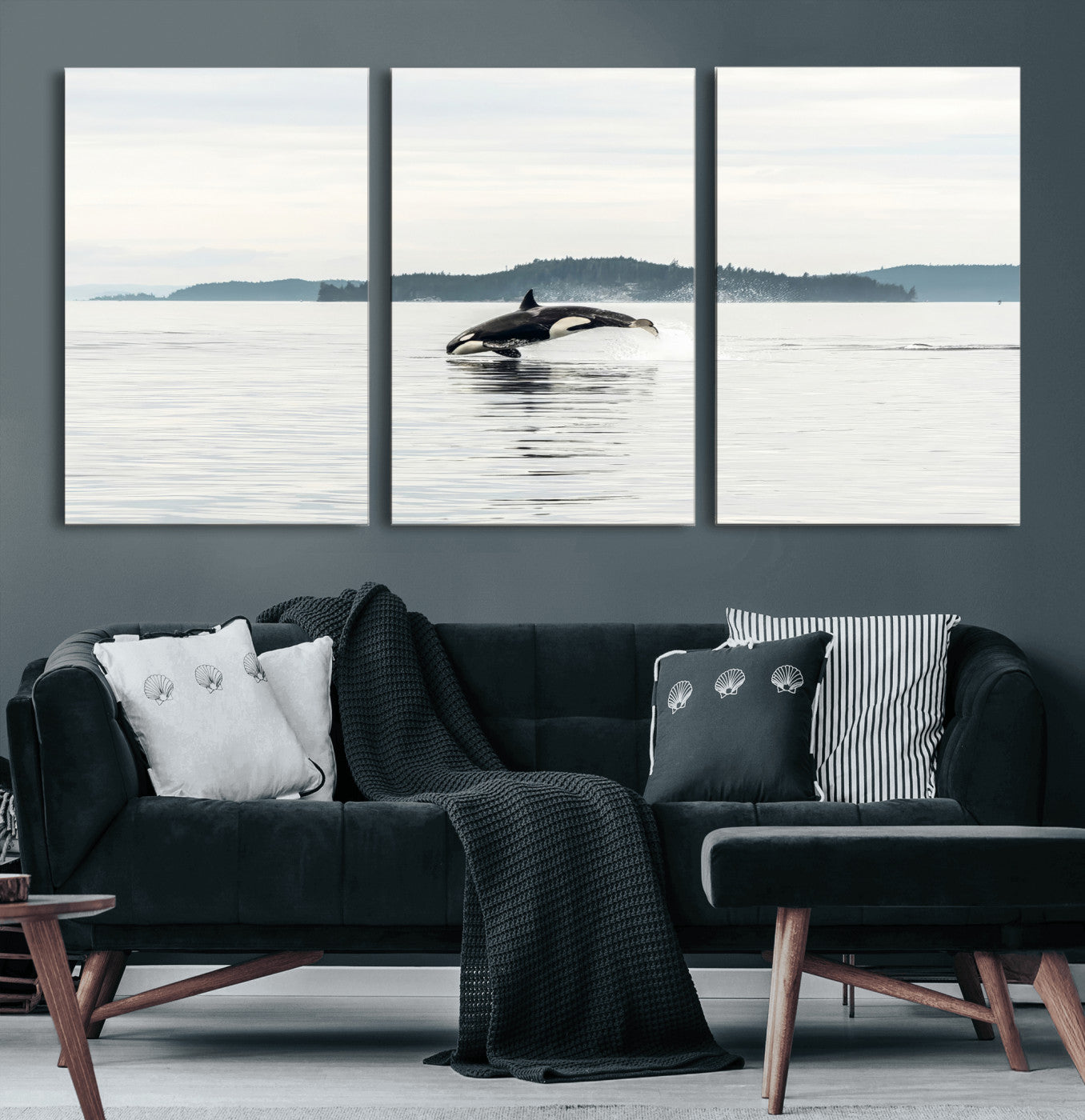 10157174-MGV-CV-60X30-3P-Orca Whale Wall Art Canvas Print, Framed Black White Whale Art Picture Print, Minimalist Ocean Perfect Coastal Minimalist Decor