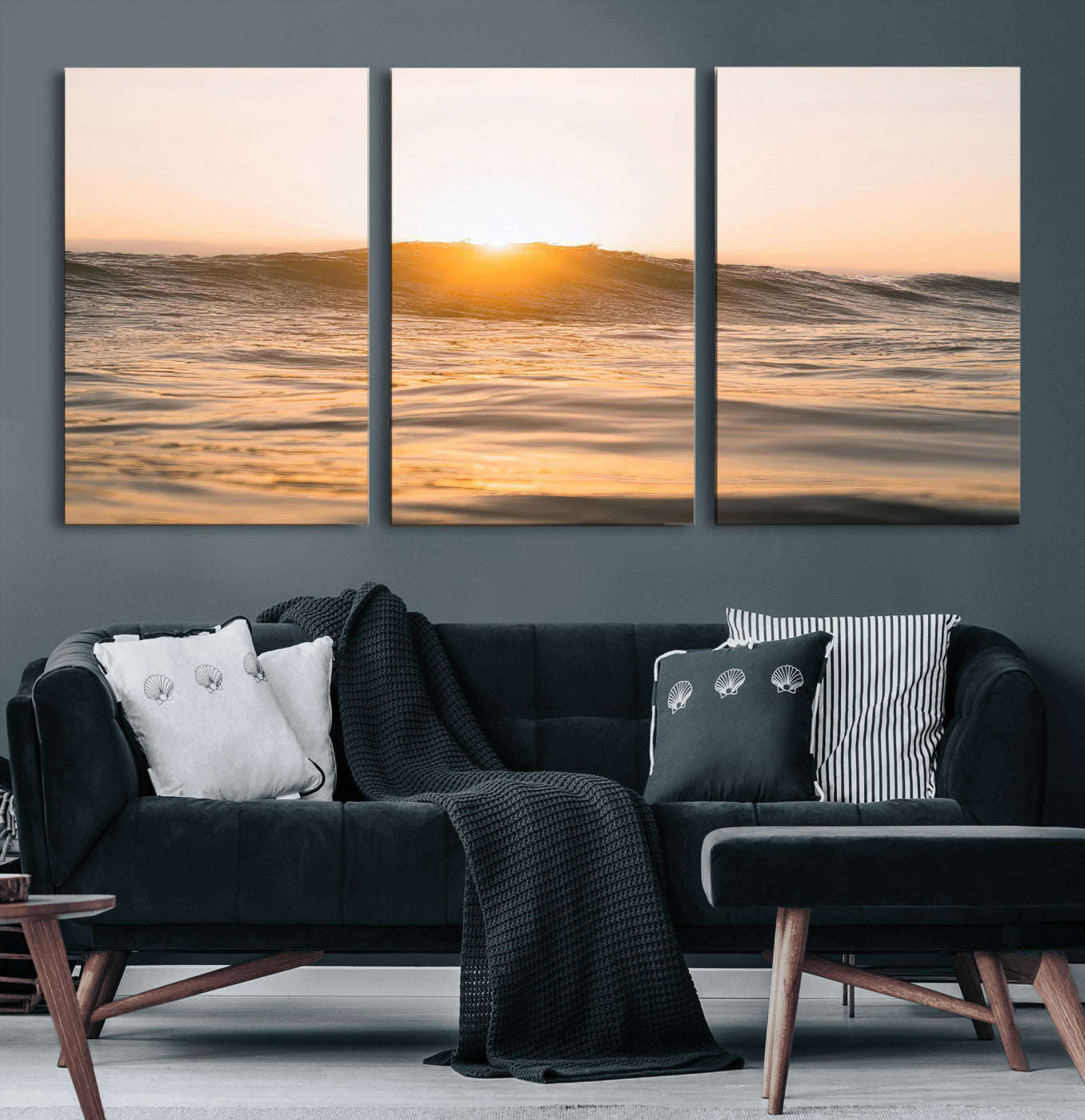 16973771-MGV-CV-36X24-Calm Water Wall Art Canvas Print, Framed Sunset Waves Art Picture Print, Coastal Warmth Perfect Warm Minimalist Decor Artwork